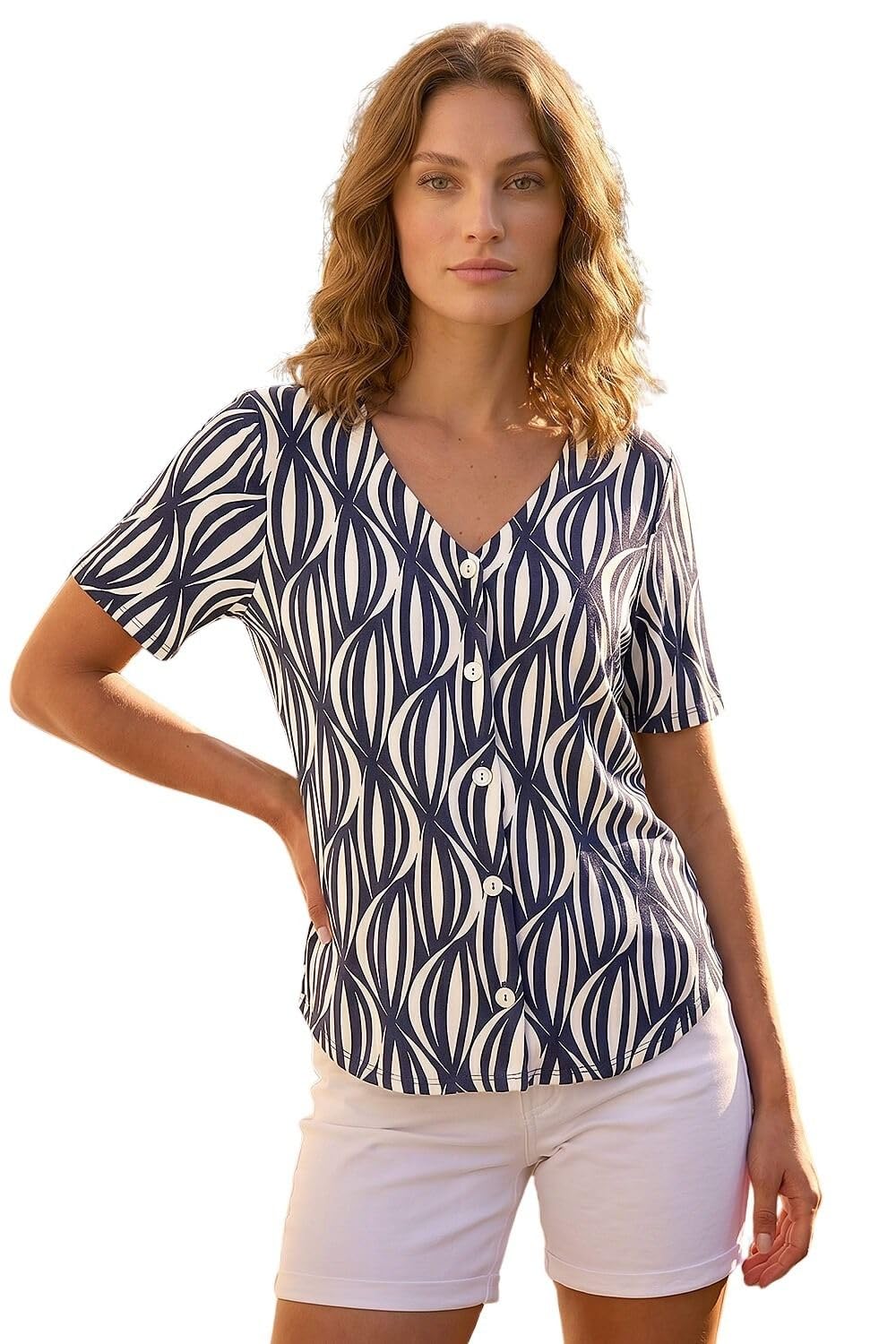 Roman Petite Geo Print V-Neck Stretch Blouse for Women UK - Ladies Everyday Autumn Winter V-Neckline Comfy Soft Evening Vacation Work Party Night Out - Petite Navy - Size 14