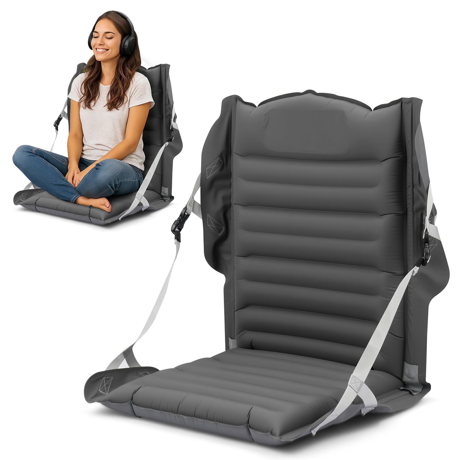 BREEZENEST Inflatable Folding Camping Chair with Backrest and Adjustable Straps, Portable Outdoor Seat for Hiking, Picnic and Travel (GRAY)