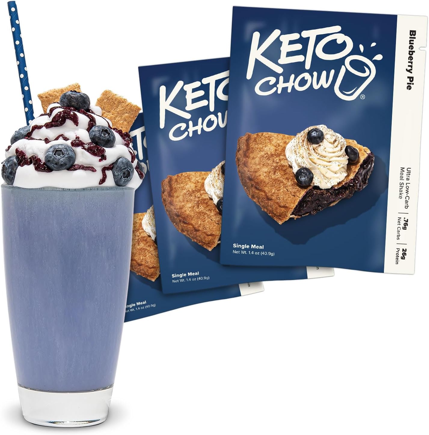 Keto Chow Blueberry Pie - Keto Meal Replacement Shake Powder - Nutritionally Complete - Low Carb - Delicious Easy Meal Substitute - Protein Rich You Choose The Fat - Single Meal - 3 Pack