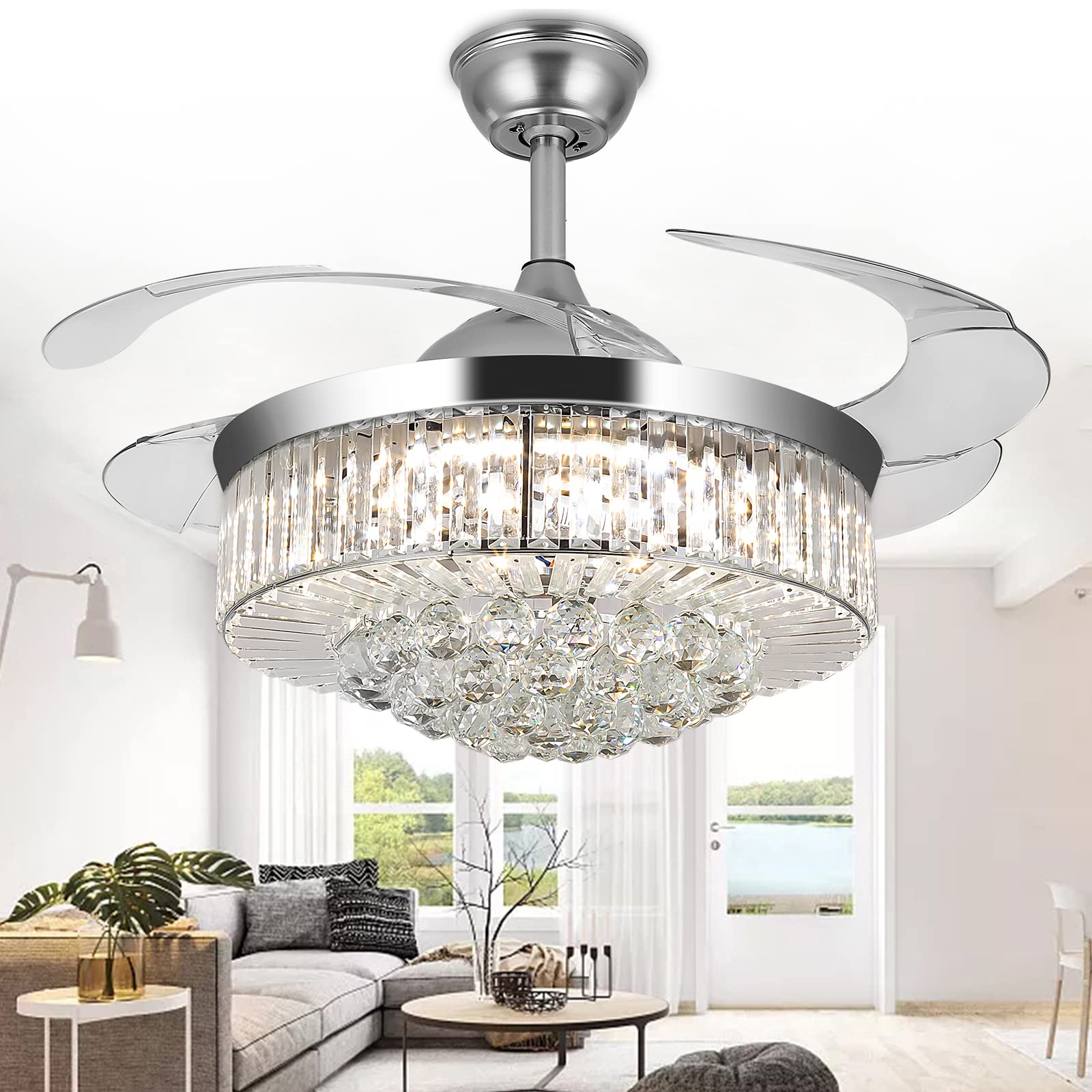 Ceiling Fans with Lights and Remote Silver 42 Inch Fandelier Ceiling Fan with Light and Remote, Chandelier Ceiling Fan with Retractable Blades for Indoor Living Room Bedroom