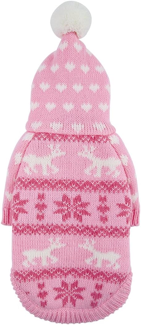 PETCEE Knit Pet Sweater Dog Festival Hooded Sweater Back Lenght 14"(Light Pink,L)
