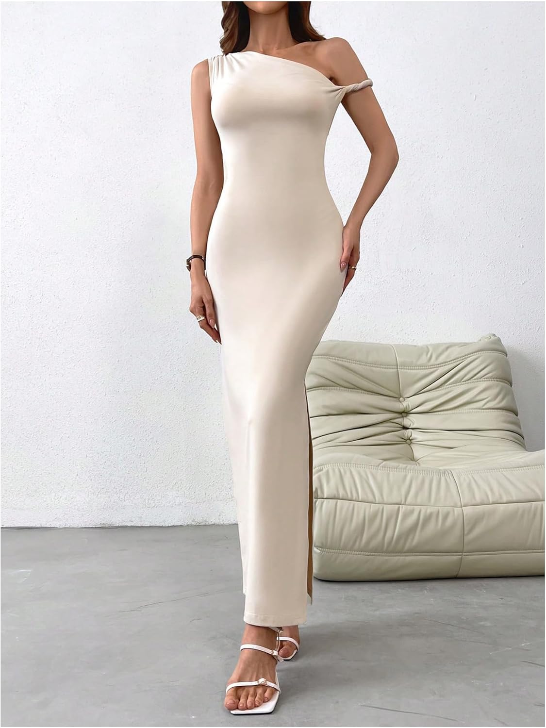 GORGLITTER Women's Asymmetrical Bodycon Maxi Long Dress One Shoulder Sleeveless Ruched Graduation Going Out Dresses - Image 5