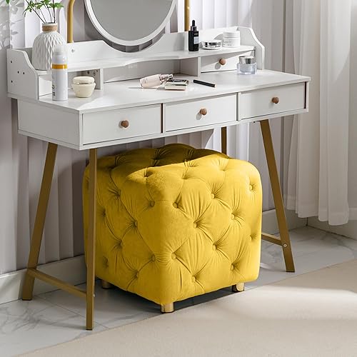 Miniatura 3 de Setawix Otomana de terciopelo para dormitorio, mesa auxiliar tapizada, taburete de tocador con botones, taburete otomano para sala de estar, asiento