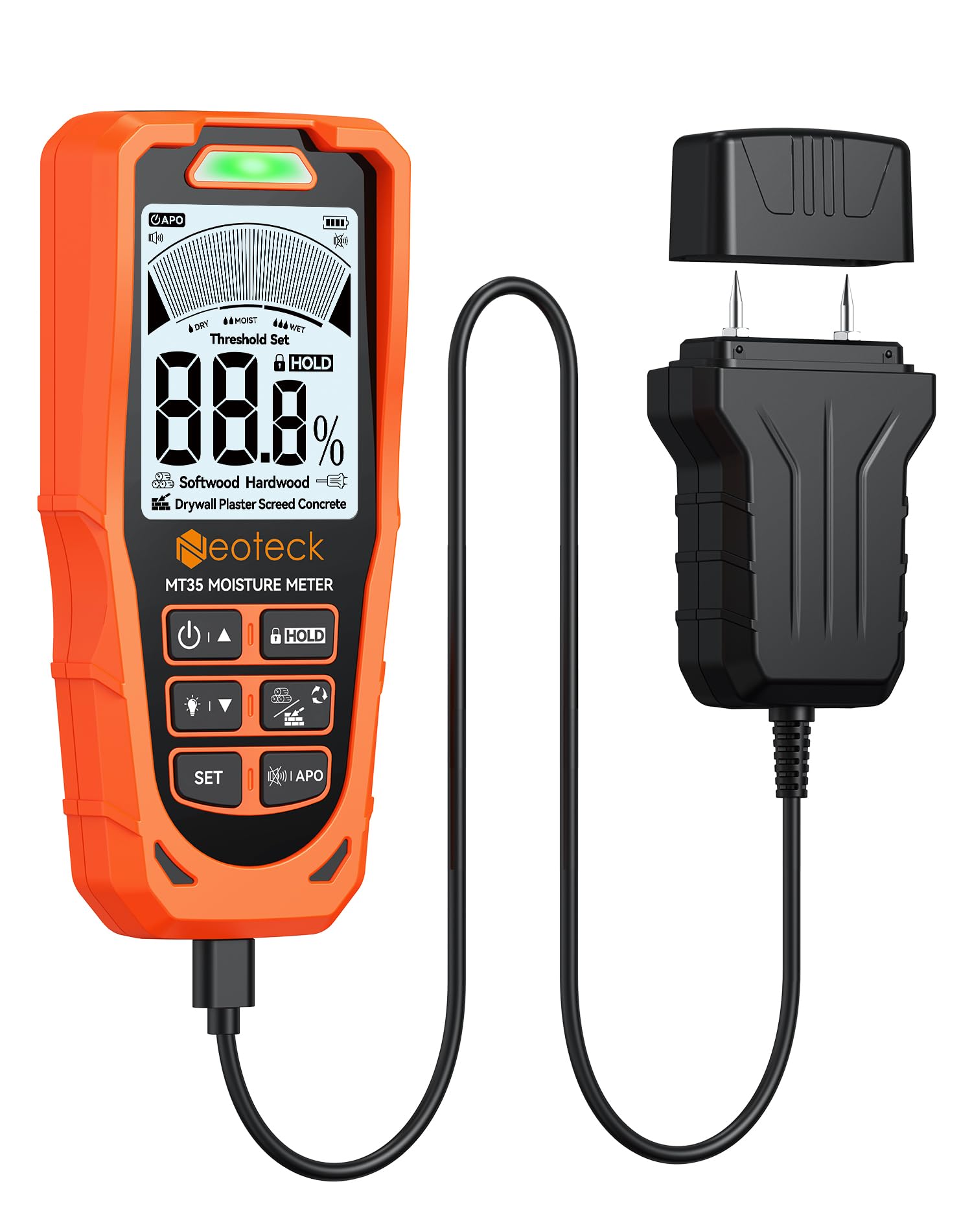 Neoteck Humidimètre 2-en-1 Sans-Pointe & à Sonde – Détecteur d’Humidité Mur & Bois, Écran LCD Couleur, Alerte Sonore/Visuelle, Mesure Placo, Béton, Plâtre, Screed pour Diagnostic Maison
