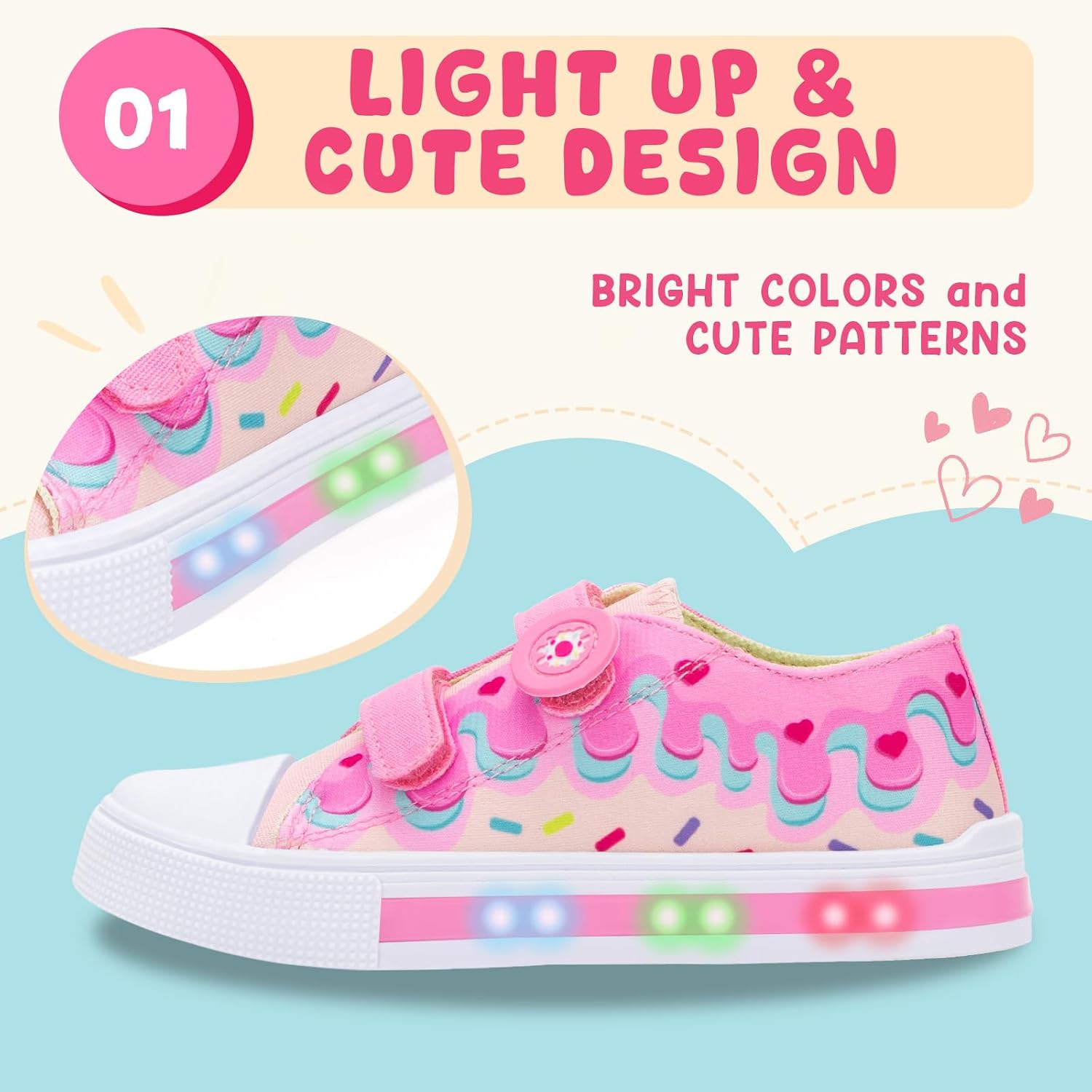 FUNCOO PLUS Kids Light Up Shoes Toddler Canvas Sneakers with Hook and Loop for Boys Girls
