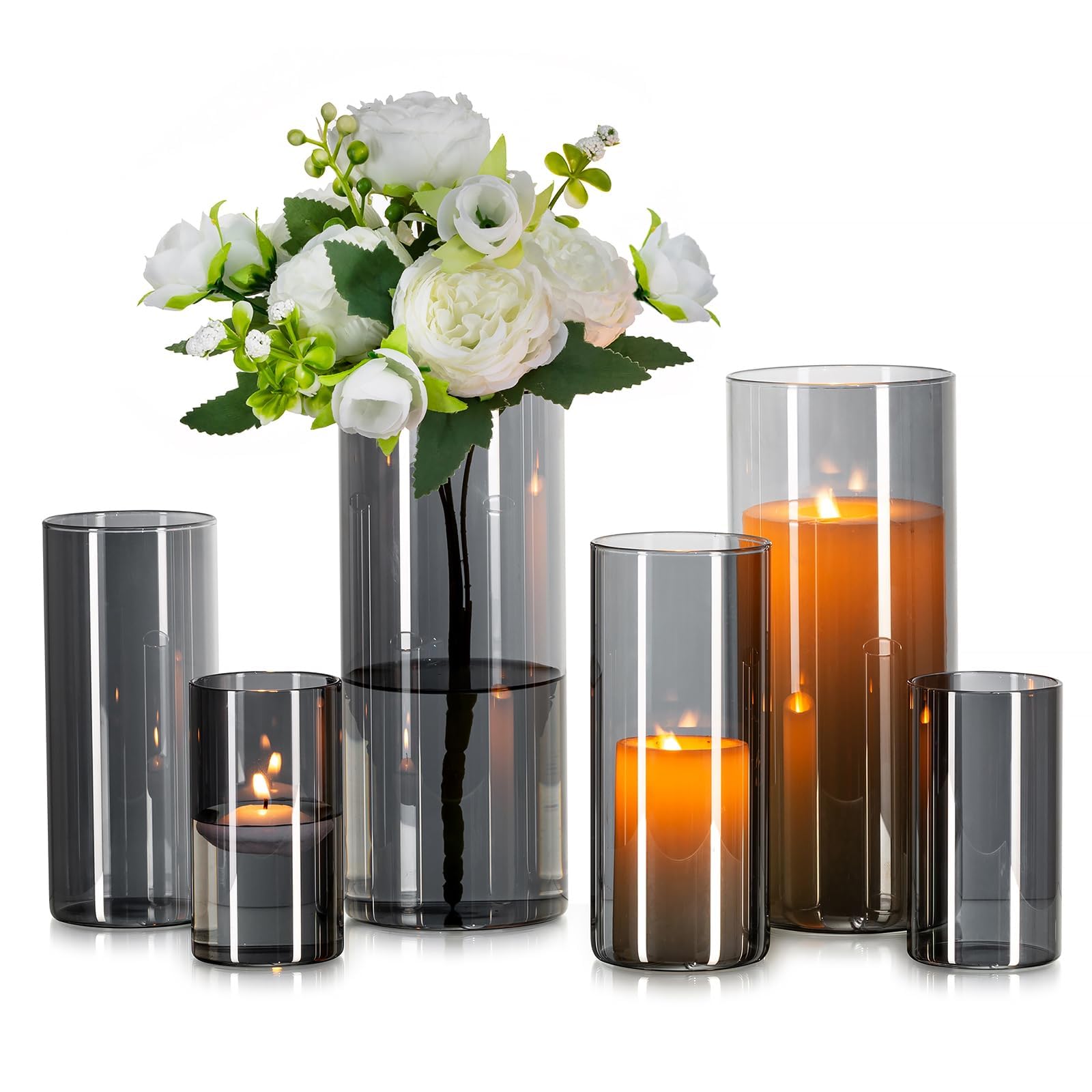 Glasseam Vase Cylindrique en Verre Gris : 6pcs Vases à Fleurs Modernes pour Centre De Table - Bougeoirs Ouragan DéCoratifs Vase à Tulipes en Herbe De La Pampa pour Fleurs (10/15/20cm)