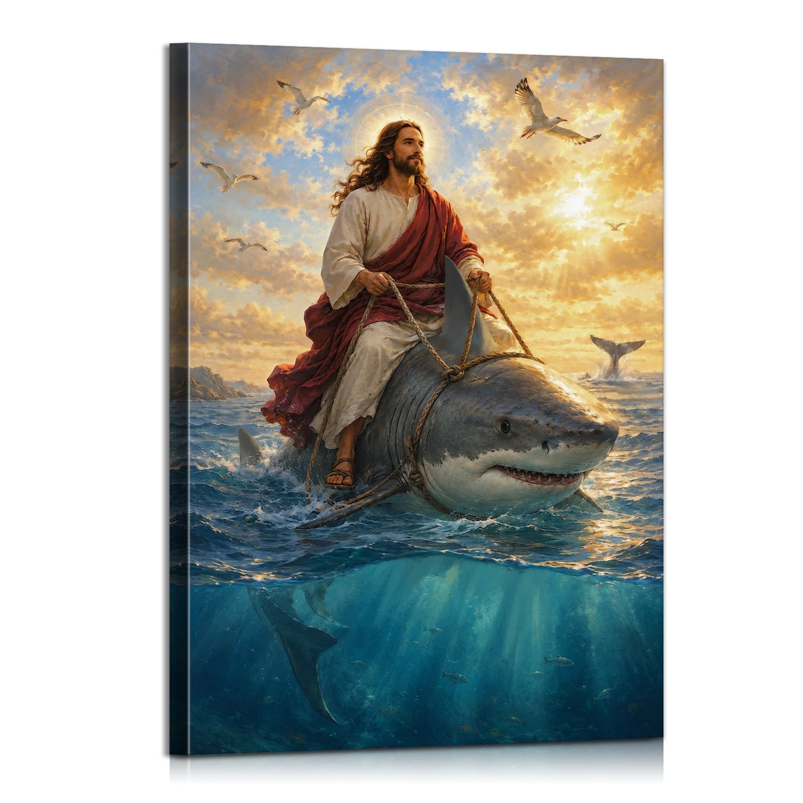 Humorous Christian Jesus Wall Art Jesus Riding Shark Religious Wall Art