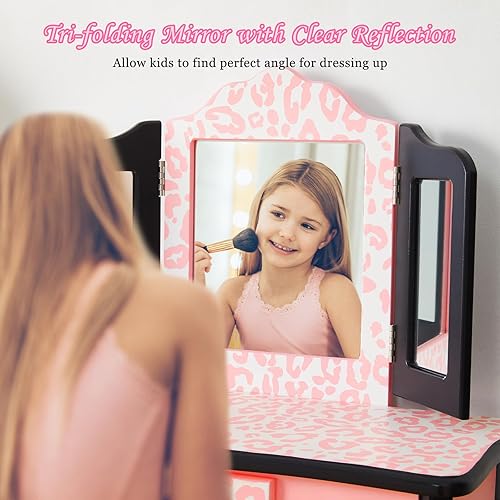 Miniatura 2 de Lucakuins Juego de tocador para niños con espejo de 4 a 9 años con cajones, juego de tocador para niñas pequeñas con espejo y taburete para