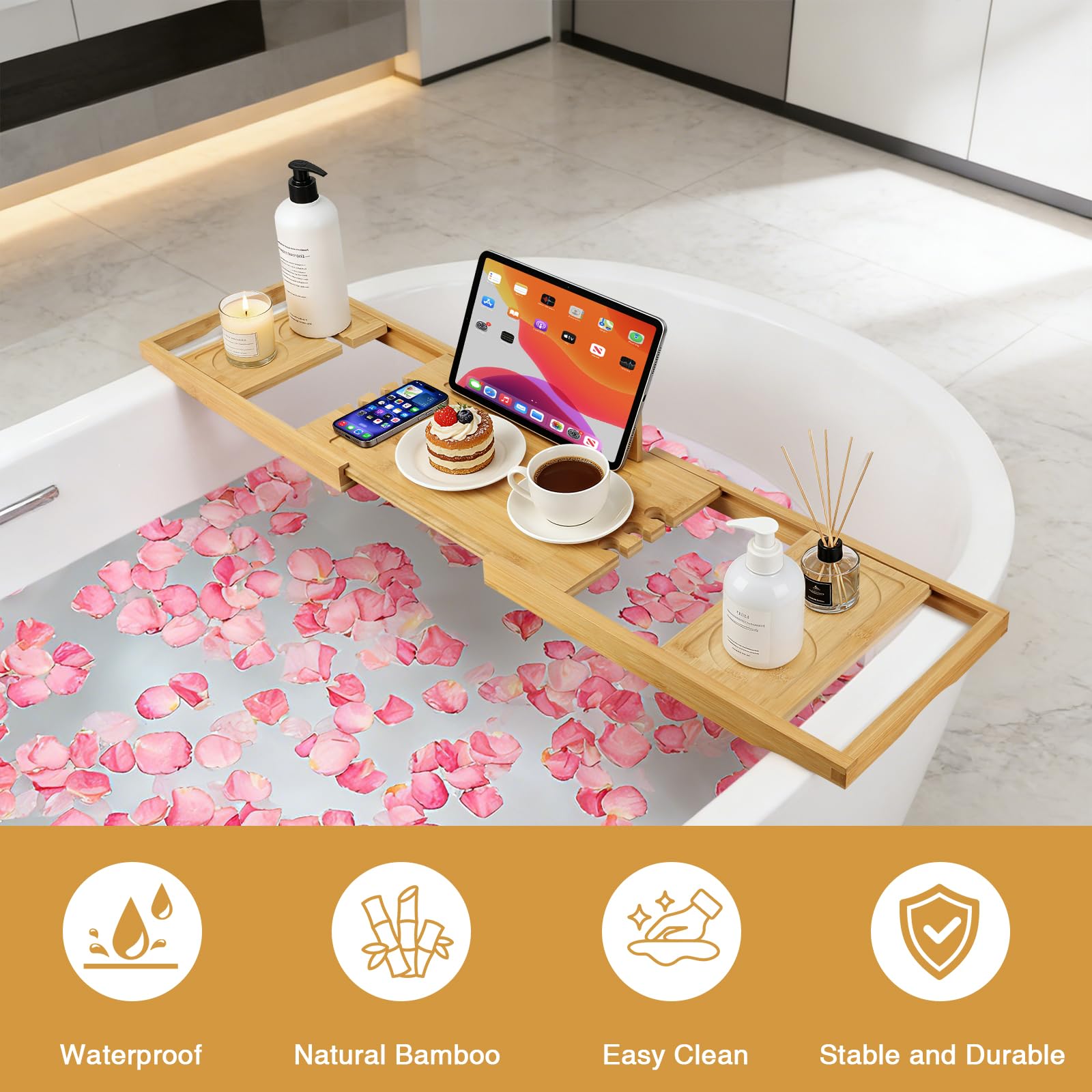 Bandeja extensible de bambú para bañera, ajustable, 70-91 cm de ancho, con soporte para bebidas, color madera natural