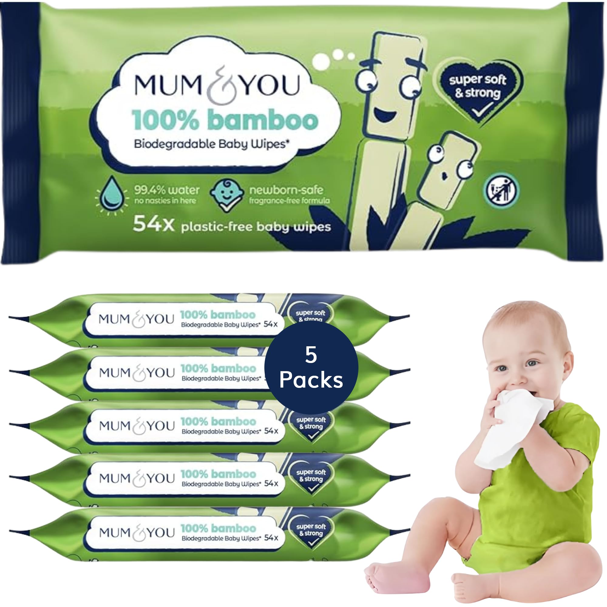 Mum & You Bamboo Baby Wipes Multipack - 100% Biodegradable Wet Bamboo Wipes (5 Packs), 99.4% Water| Ideal for Sensitive Newborn Skin, Baby Wipes Multipack for Bum Wet Wipes