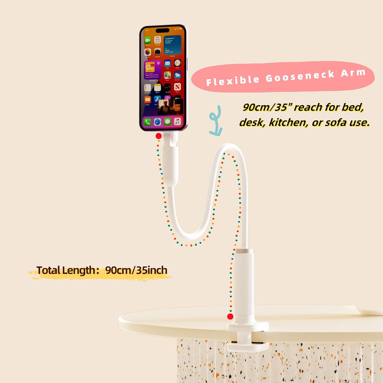 LA-5 90cm/35 Inch Magnetic Phone Holder Gooseneck Arm Mount for Bed & Desk, 360° Rotating Overhead Stand Compatible with iPhone 17/16/15/14 Pro Max, Great for Streaming & Zoom (White)