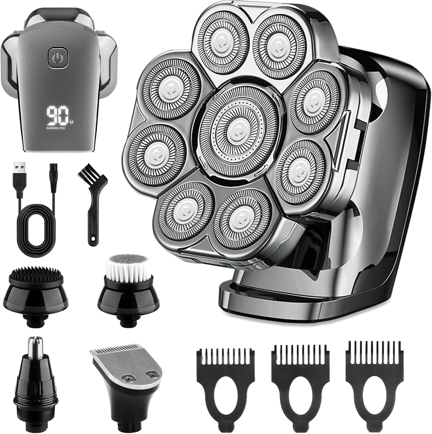 9D Head Shavers for Bald Men, 5-in-1 Electric Razor, Cordless Rechargeable Waterproof Wet/Dry Shaving Grooming Kit for Balder with Nose Trimmer, Massager, LED Smart Display, Gift for Husband Dad