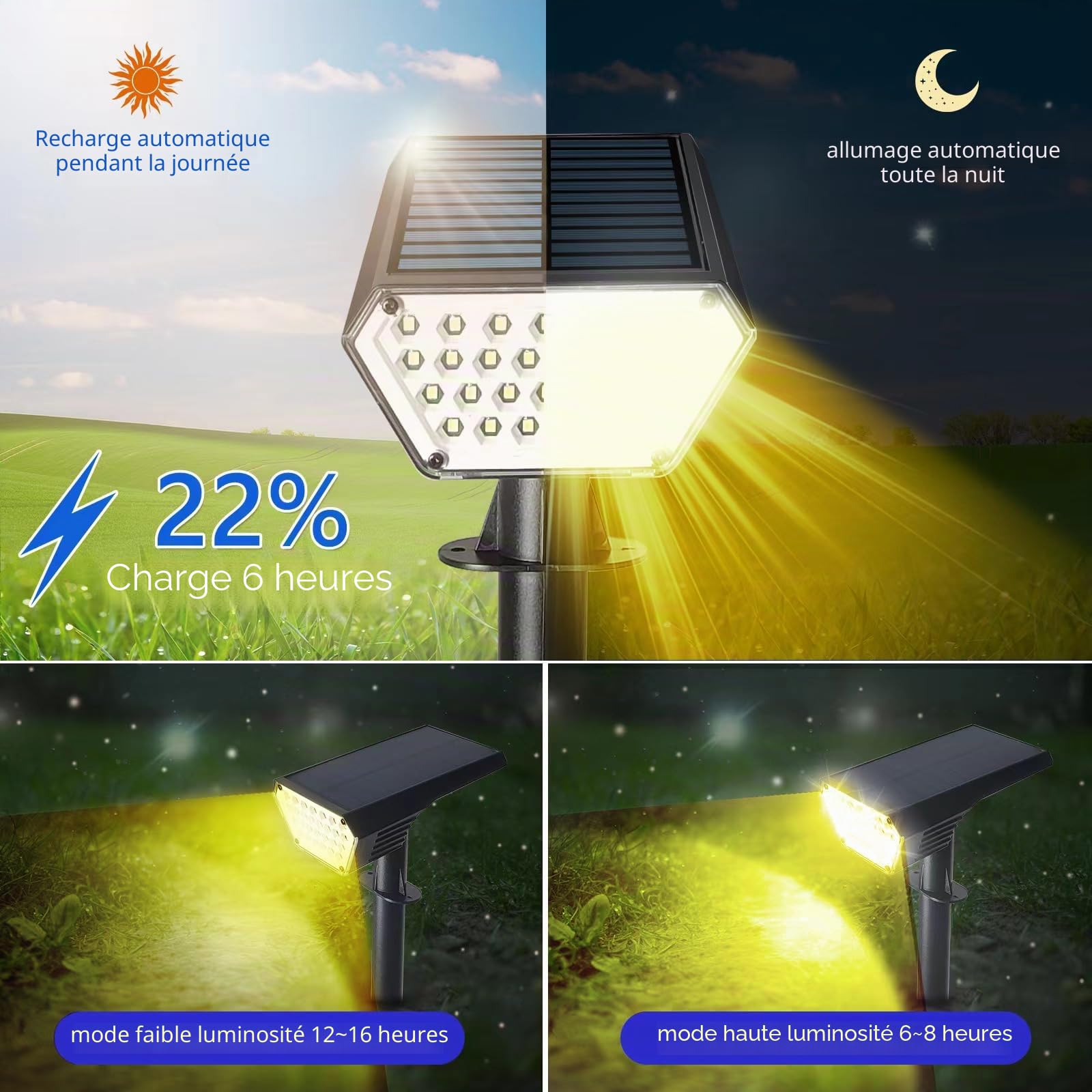 Lot de 6 spots solaires d'extérieur, allumage/extinction automatique, étanches IP65, éclairage extérieur 2 en 1 à énergie solaire, pour jardin, allée (blanc chaud)