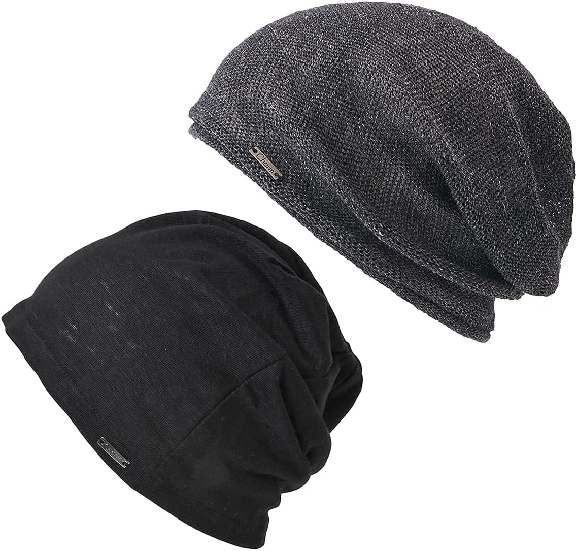 CHARM Mens Slouchy Linen Beanies - Womens Summer Baggy Knit Cap Lightweight Slouch Hat Cooling Chemo Headcover Set