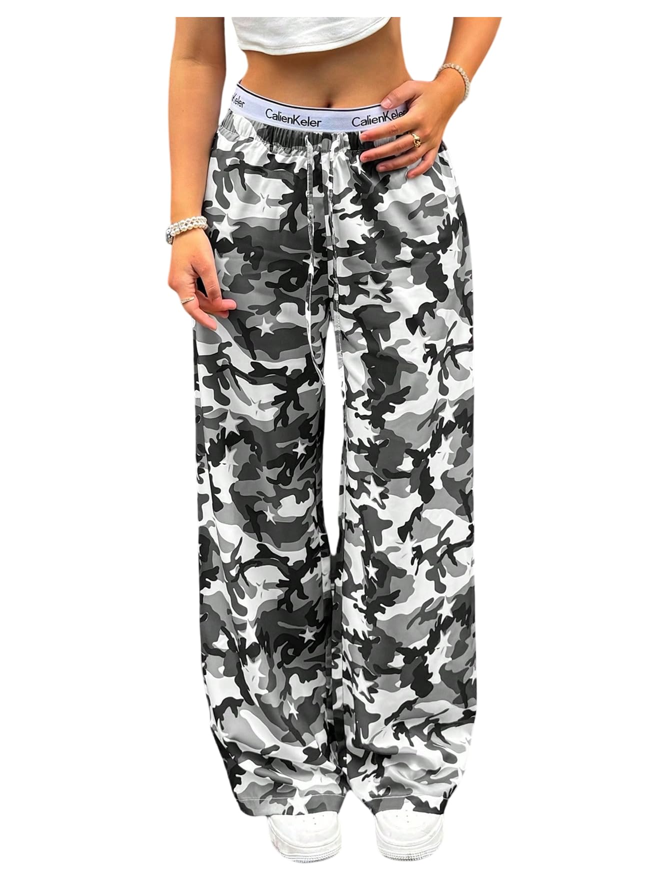 GORGLITTER Womens Y2k Baggy Camo Track Pants Elastic High Waisted Wide Leg Parachute Trousers