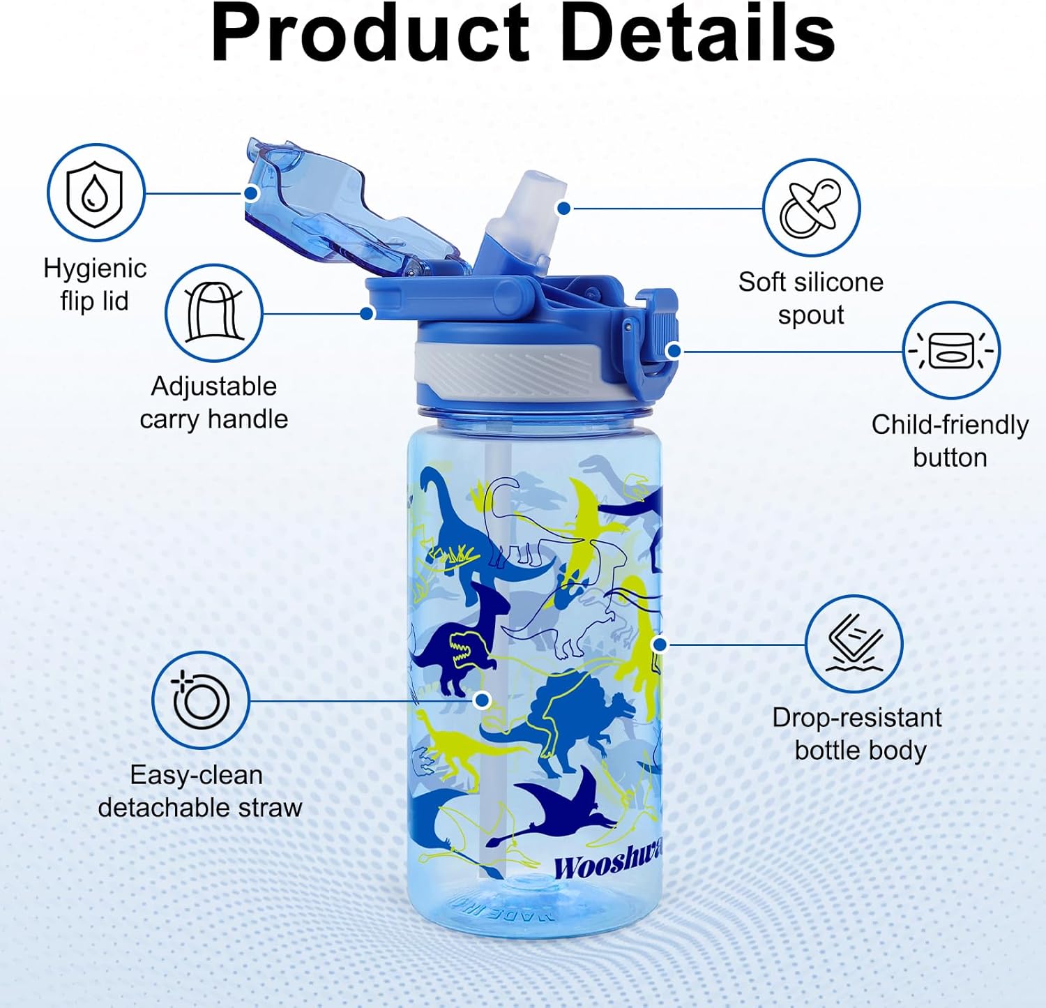 Kids Water Bottle for School, 16 Oz Plastic Water Bottle with Silicone Spout and Pop-Up Cover, BPA Free & Dishwasher Safe (Dinosaur/Spacecraft) - Image 2