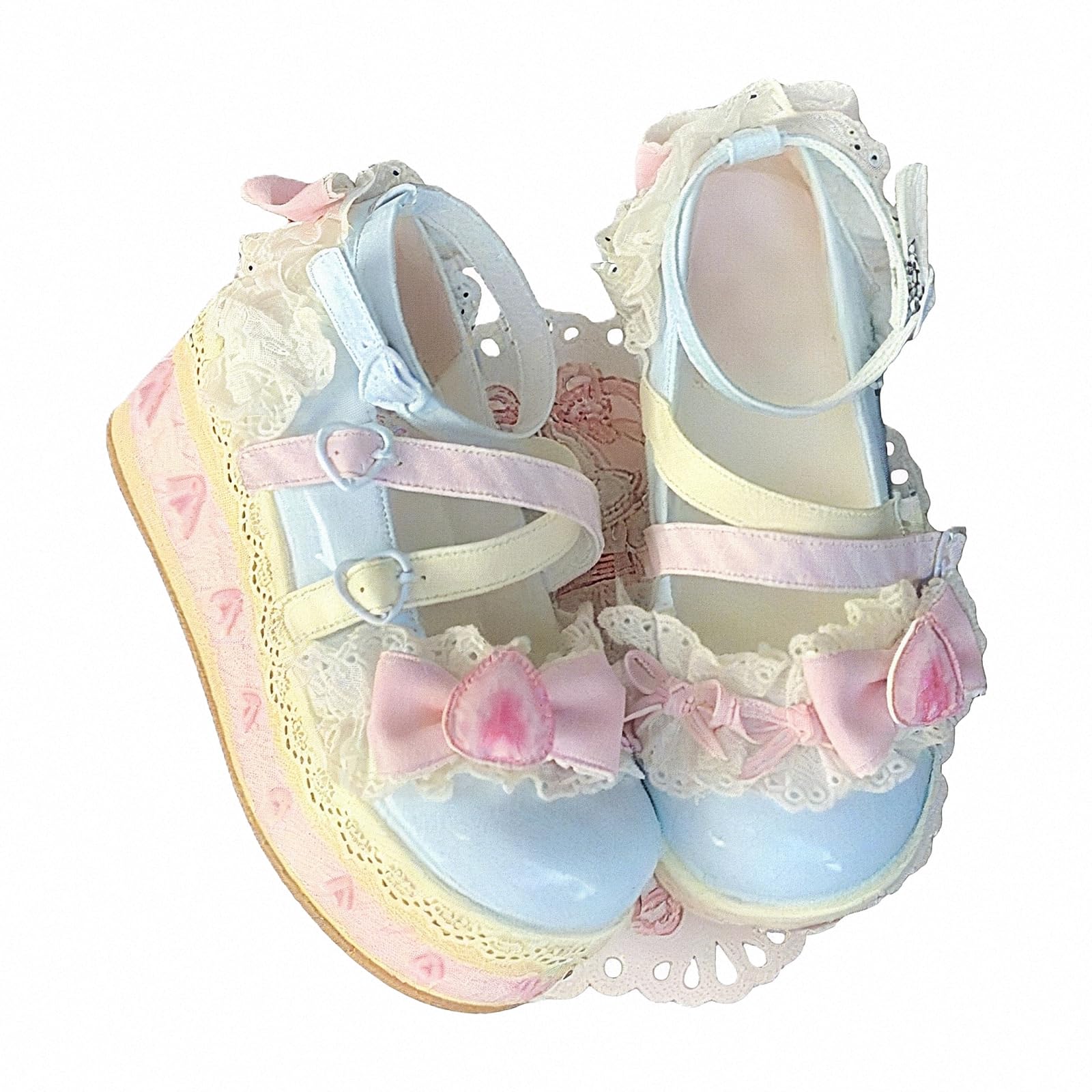Damen Lolita Mary Jane Schuhe Gothic Runde Zehenpartie Klobiger Plateauabsatz Spitze Bunt Punkrock Süß Kawaii Mit JK Bubble Princess-Kleid Denim-Lederrock Jeans