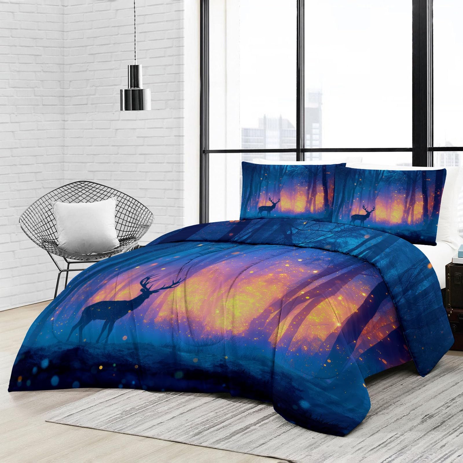 Genérico Kołdra 4 pory roku, 3-częściowy zestaw pościeli 200 x 200 cm Fantasy las miękki jeleń kołdra z mikrofibry, zimowa i letnia narzuta dla dzieci i alergików, niebieska