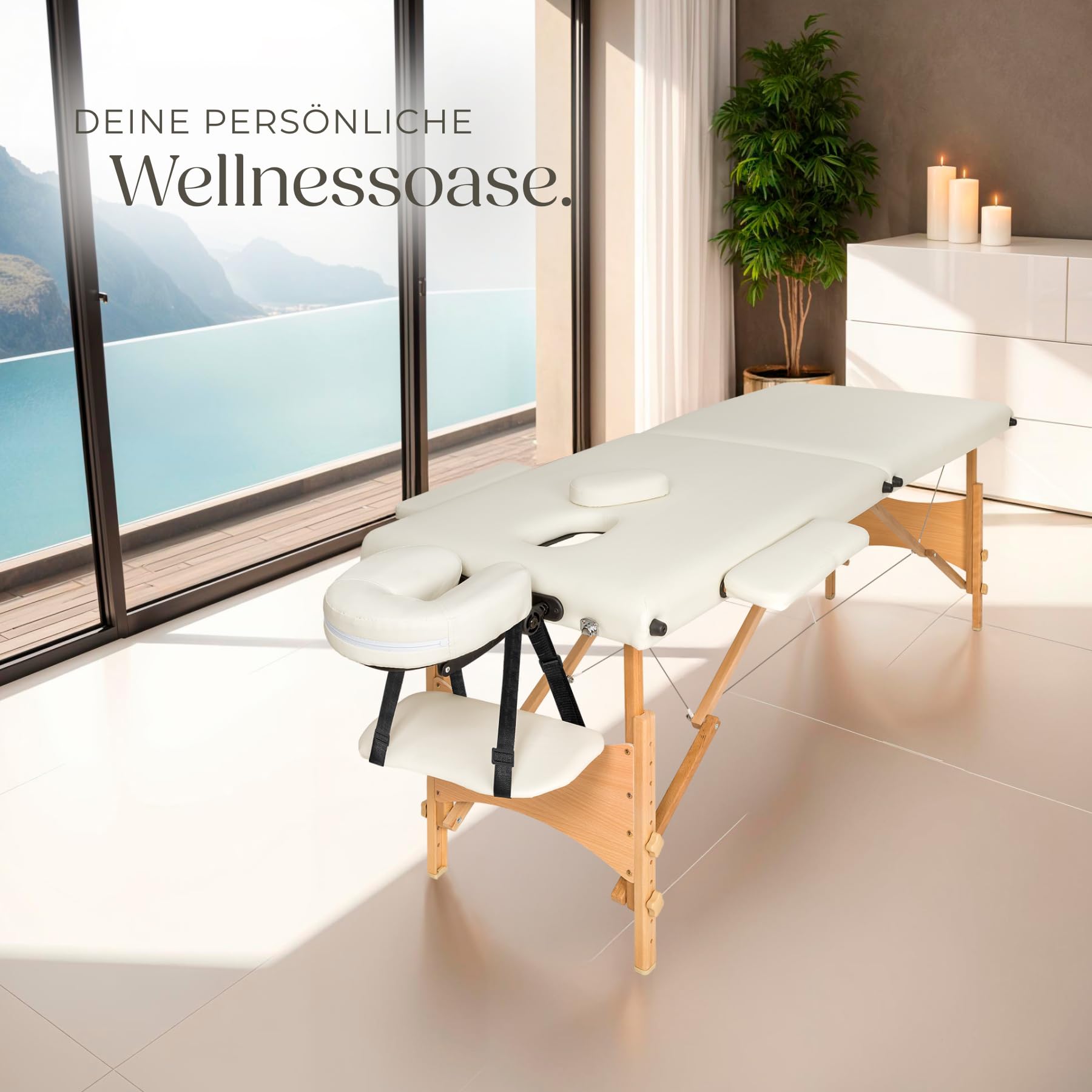 tectake® Massageliege klappbar mit 2 Zonen, Massagetisch tragbar mit 5cm Polsterung, höhenverstellbare, Mobile Massageliege, Massagebank mit Holzfüßen und Zubehör Tragetasche - beige