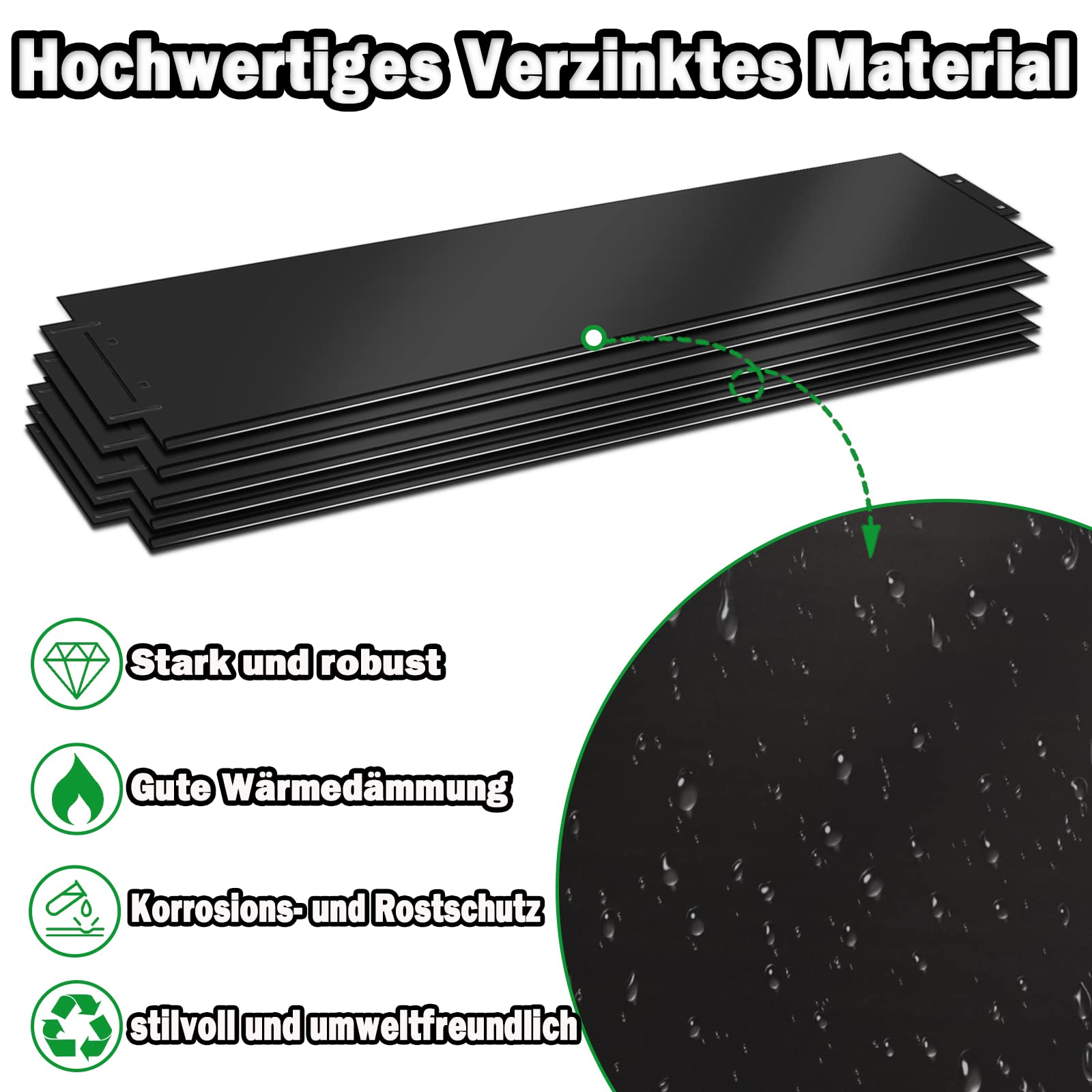 YUENFONG Krawędź trawnika, obrzeże rabatki, metalowe, ocynkowane, obramowanie rabatki, krawędź do koszenia, palisada ogrodowa, dekoracyjna 100 x 18 cm (dł. x wys.), 50 sztuk, kolor czarny