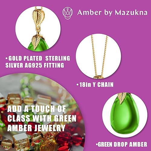 Miniatura 3 de Amber by Mazukna - Natural Amber Pendant Necklace for Women, 18 inches Gold Plated Sterling Silver Chain, Light Weight Gemstone Drop Pendant