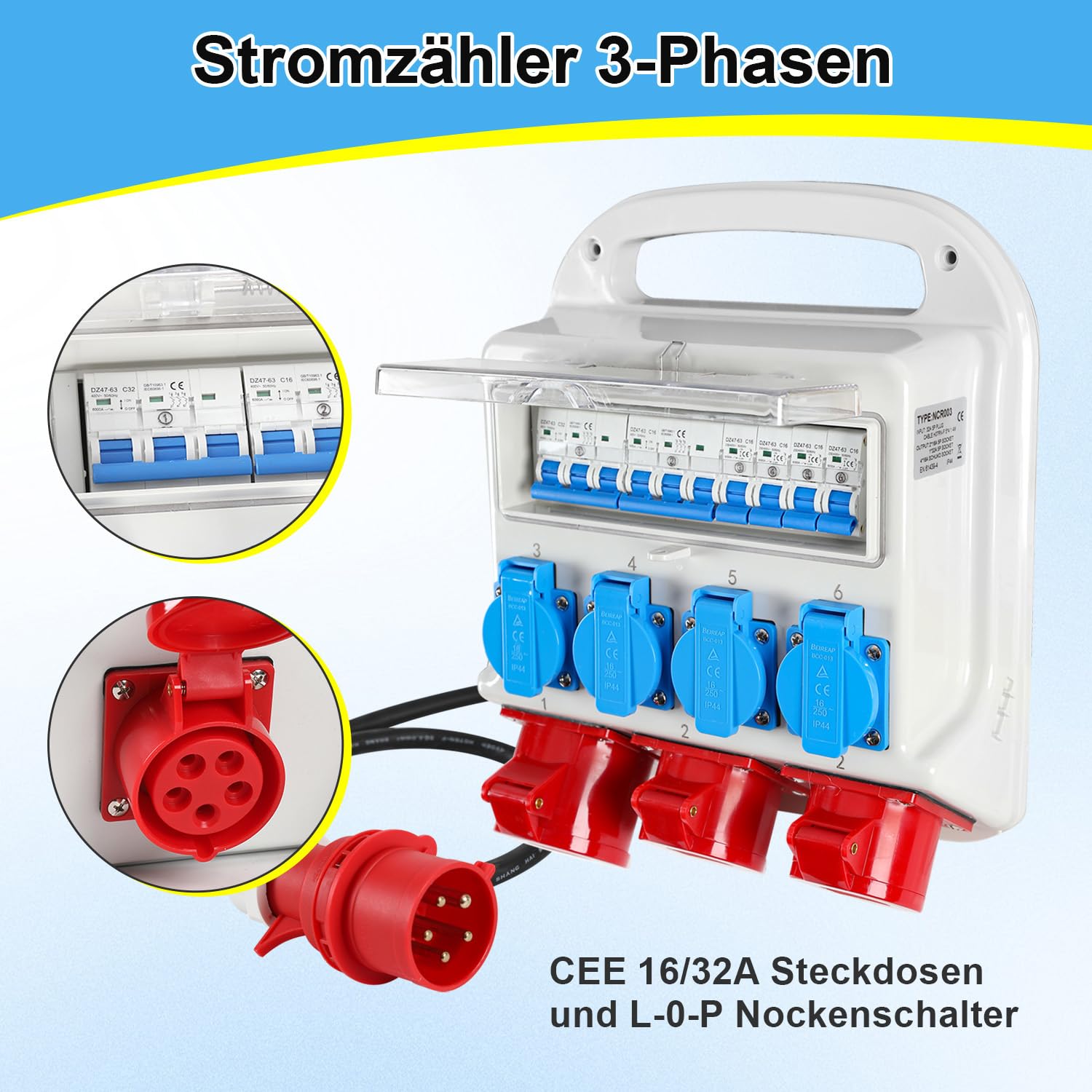 Distributore di corrente da costruzione, 2 x CEE 400 V/16 A, 1 x CEE 400 V/32 A, 4 x 230 V, con interruttore automatico, con cavo di alimentazione da 1,2 m, per cantieri