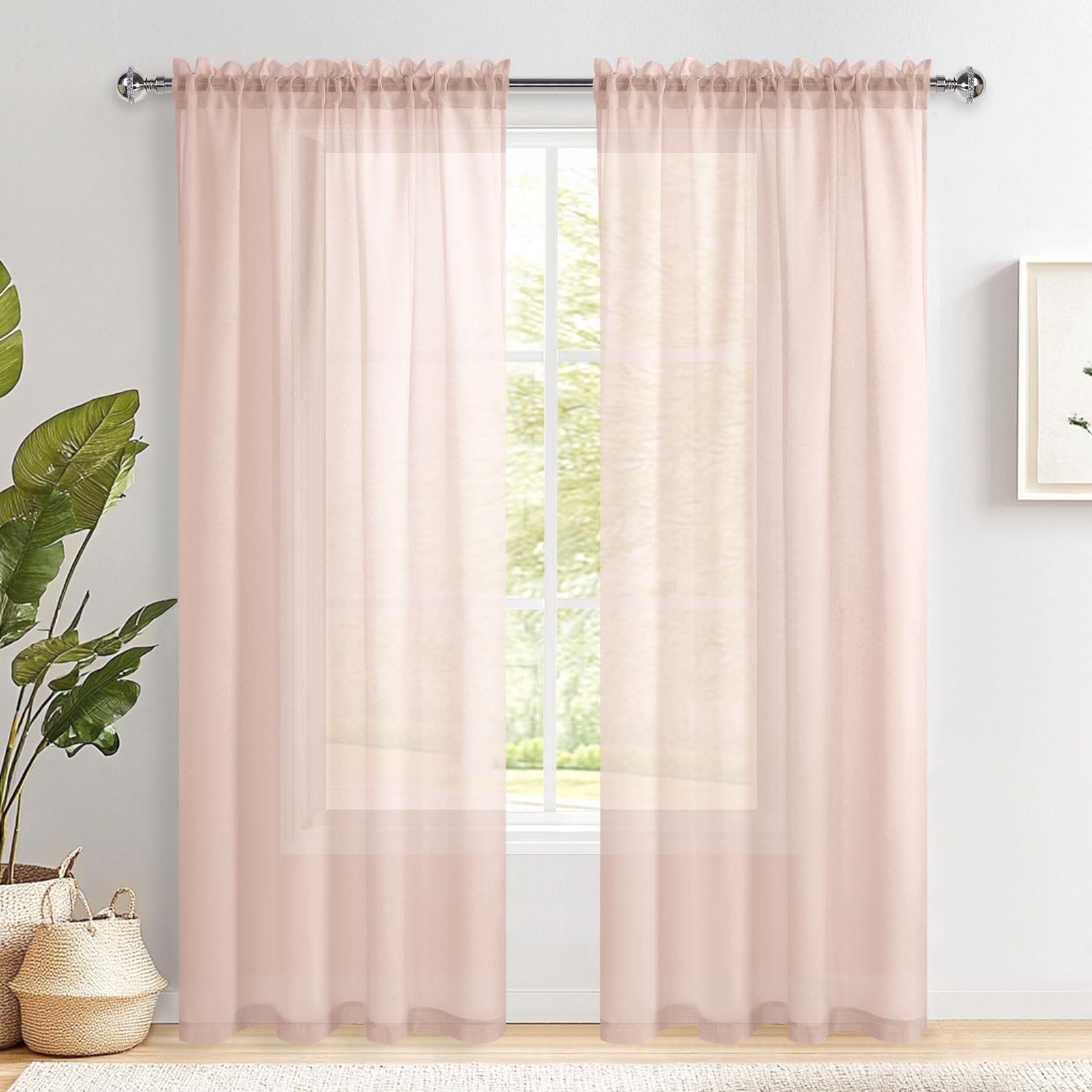 DWCN Pink Net Curtains for Windows 90 Inch Drop Rod Pocket Voile Door โ image 1