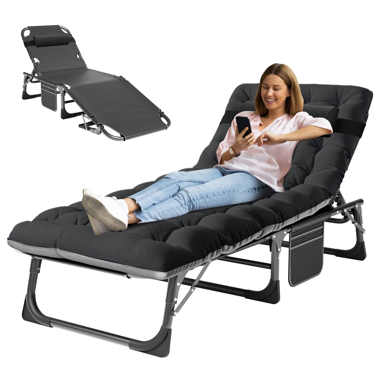 MOPHOTO Folding Chaise Lounge Chair 5-Position, Folding Cot, Heavy Duty Patio Chaise Lounges for Outside, Poolside, Beach, Lawn, Camping