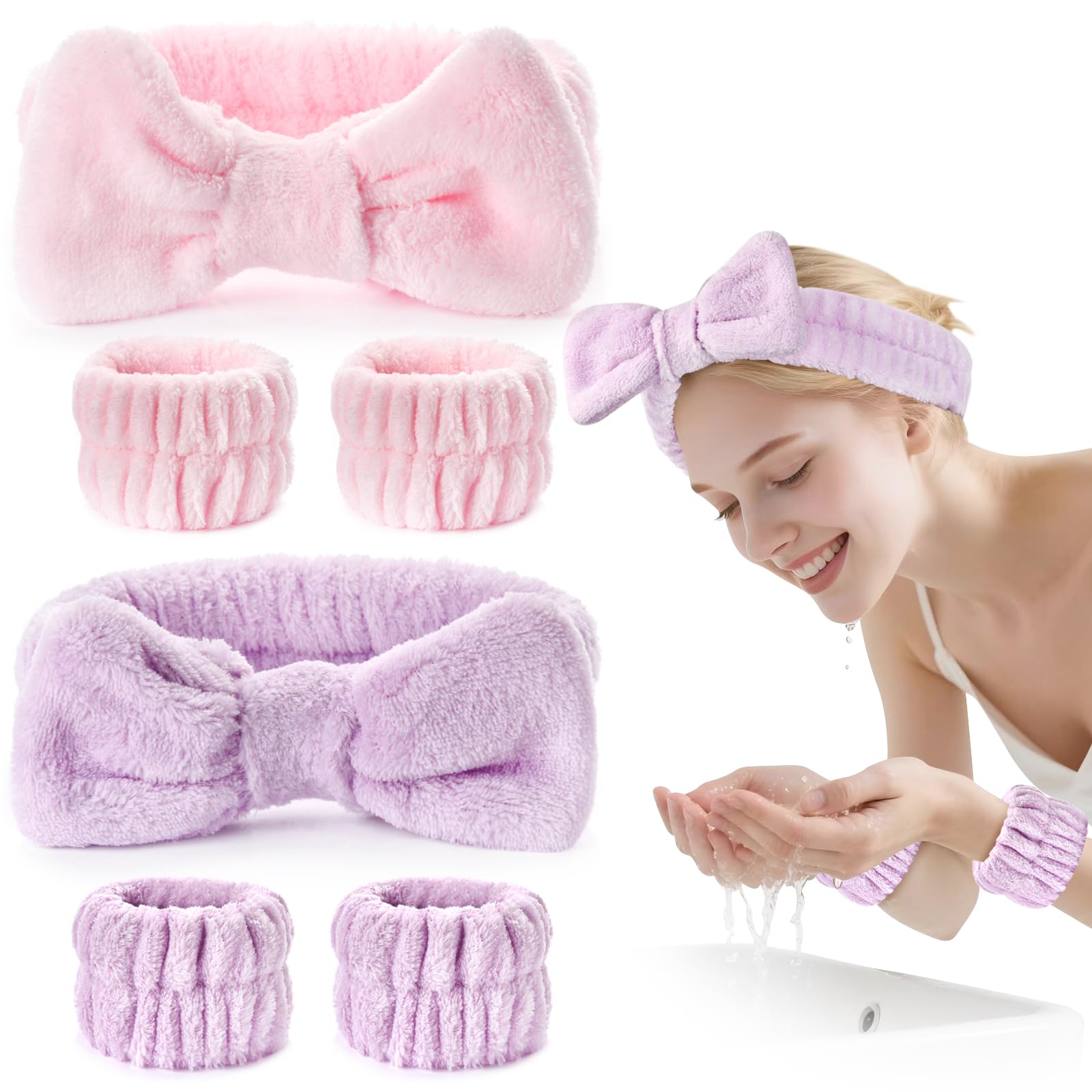 Dorbetar 6Pack Headband and Wristband Set for Washing Face, Spa Skincare Makeup Headband, Soft Puffy Hair Band Bow Tie, for Women and Teen Girl Trendy