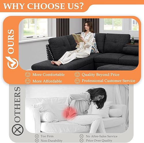 Miniatura 7 de Sofá seccional, moderno juego de muebles de sala de estar de 4 plazas con diván, otomana y 2 almohadas Sofá en forma de L Soporte para tazas Tela