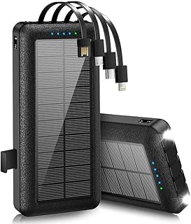 Portable Charger with Built-in Cables 30000mAh Solar Power Bank Fast Charge Battery Pack with 4 Outputs 3 Inputs,LED Flashlights,Solar Phone Charger for Smart Phones,Tablets and Camping