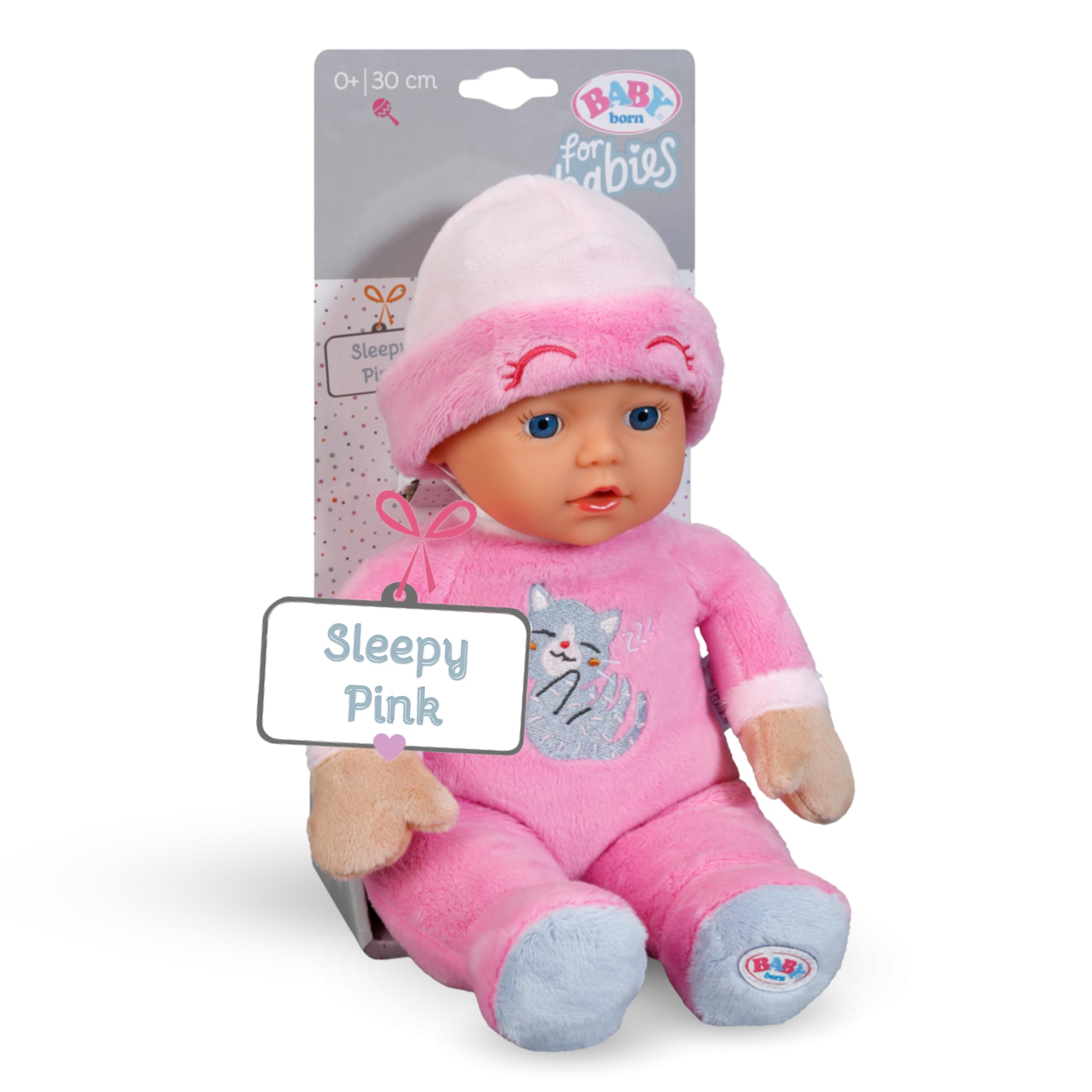 BABY born for babies Sleepy Pink, Soft 30cm Pink Fabric Doll with Cat-design Romper and Integrated Rattle for Newborn Babies, 837726 Zapf Creation
