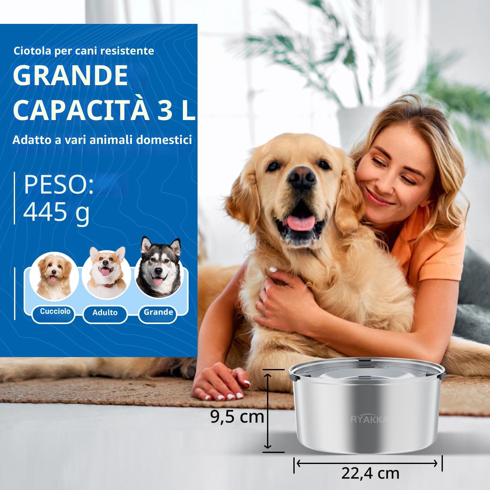 Ciotola d'acqua per cani, 3 l, grande capacità, in acciaio inox, anti-fuoriuscita, erogatore di acqua per cani a bere lentamente, per animali domestici (non include fliter)