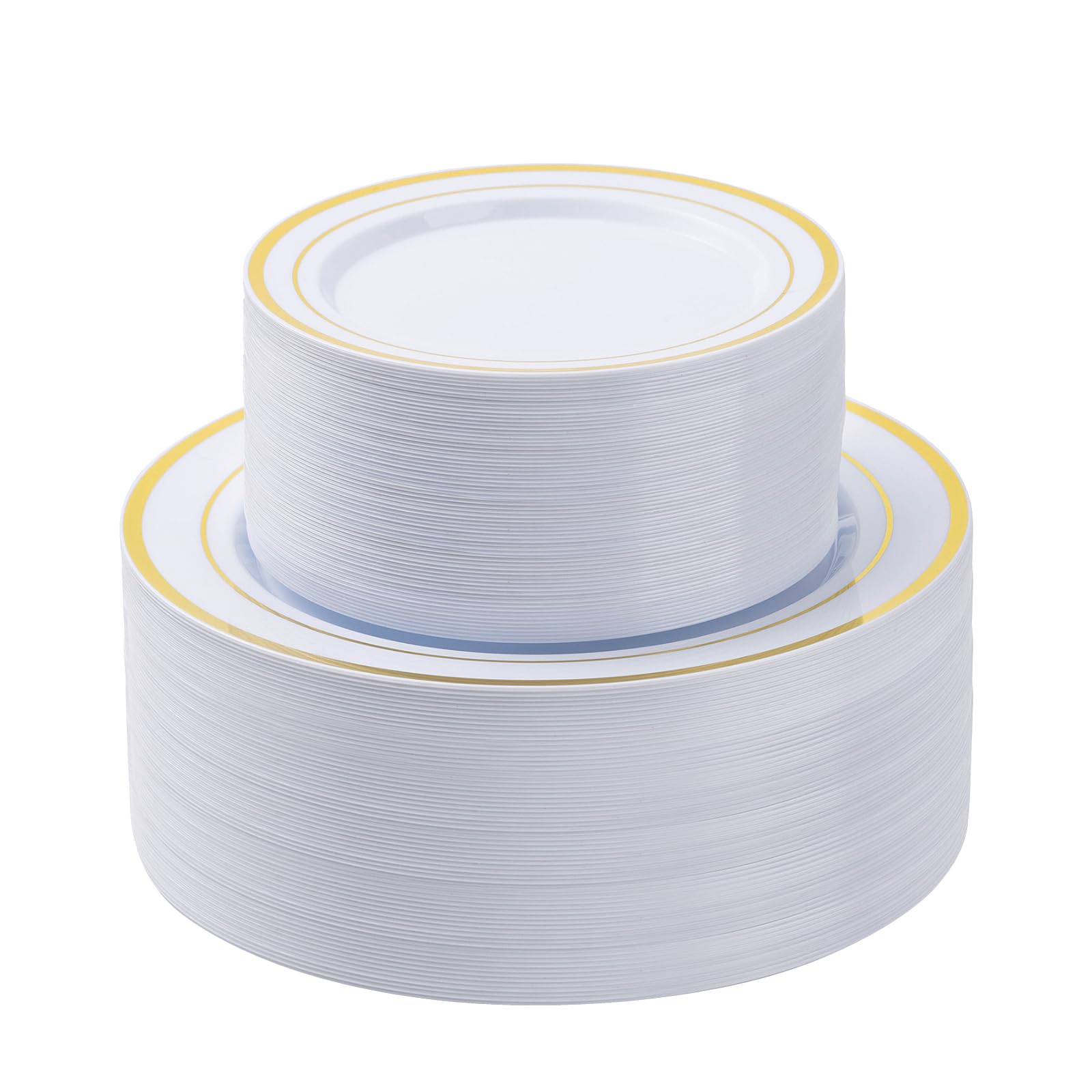 100PCS White Plastic Plates Set with Gold Rim, 50 10.25 inch Heavy Duty Dinner Plate and 50 7.5 inch Dessert Appetizer Plates, Premium Disposable Plates for Party, Wedding, Birthday