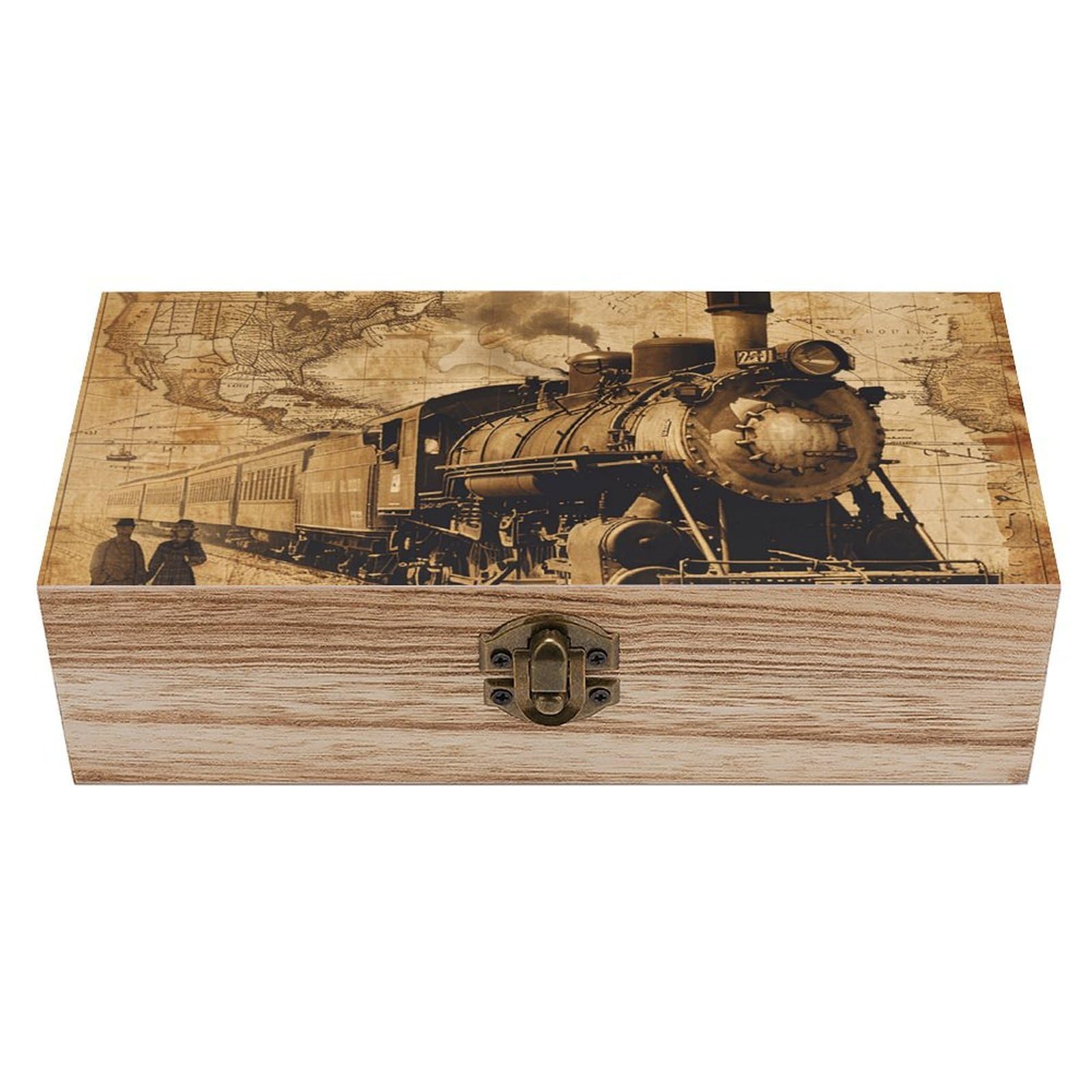 HLBSDM Vintage Wooden Storage Box Vintage Steam Train Keepsake Box for Jewelry Photos Letters Elegant Desktop Organizer for Home Office Decor