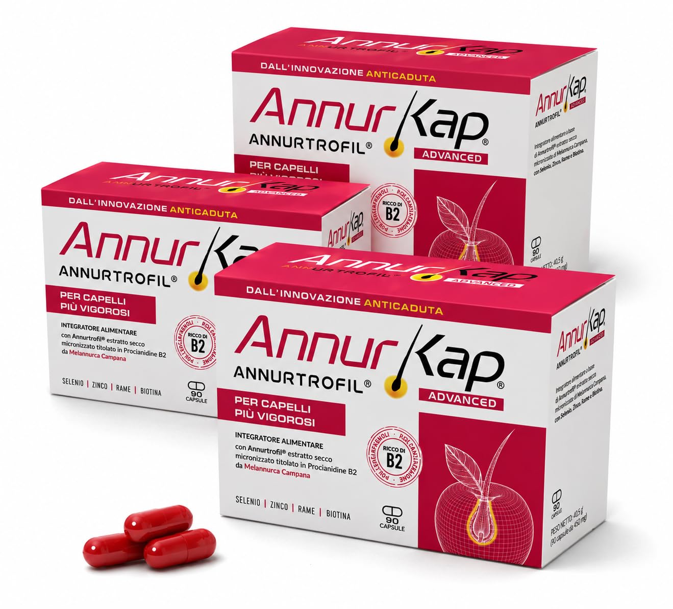 Annurkap ADVANCED Integratore Capelli Uomo Donna 270 Capsule | Formula Anticaduta, Annurtrofil® Melannurca Campana, Procianidina B2, Biotina, Zinco, Selenio e Rame