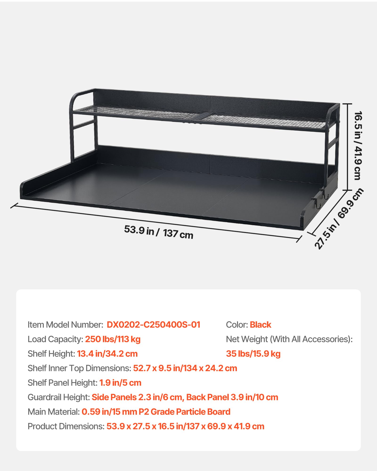 VEVOR Blat roboczy do pralki i suszarki (137 x 69,9 cm) z hakiem i półką, do organizacji i przechowywania w szafce na pranie, spiżarni, blacie kuchennym, obciążenie do 113 kg, czarny