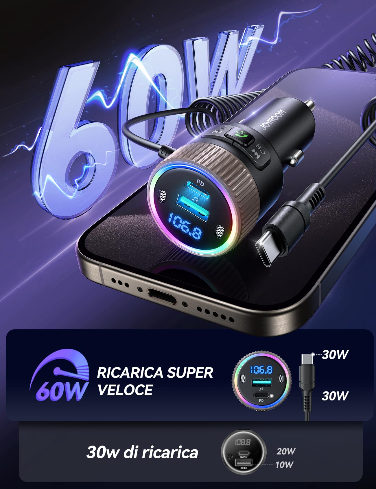 JOYROOM 2024 Ultimo Trasmettitore Bluetooth 5.4 per Auto 60W [PD 30W e Cavo a Spirale USB-C 30W] Adattatore Bluetooth Auto per Lettore Musicale Hi-Fi, Vivavoce, Doppio Microfono, Luce LED, Disco U