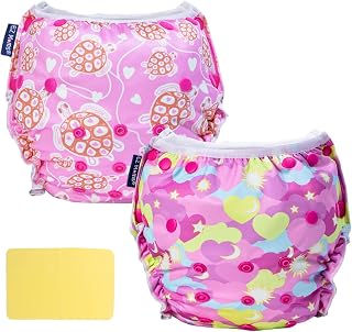 EZ Moms Baby Swim Diapers Reusable 2Pcs Snap One Size Adjustable Washable Newborn Infant Swim Diaper with a Shammy Towel for Baby Girl Water Diaper Waterproof Swimming Diapers for Swimming Lessons
