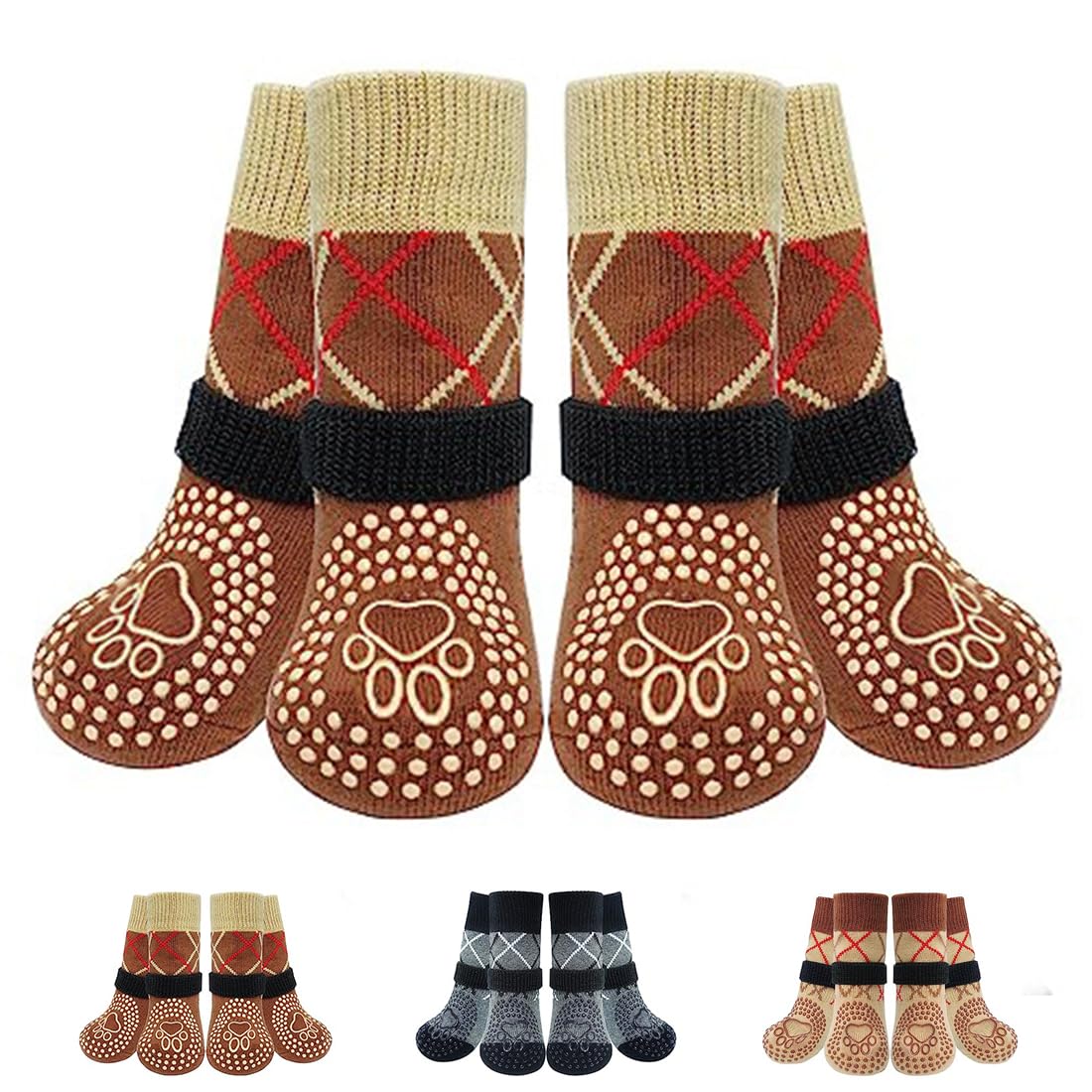 haoyuan Two Pairs Of Anti-Slip Dog Socks, Double-Sided Anti-Slip Adjustable Adhesive Tape, Paw Protection and Grip Suitable for Elderly Dogs Adjustable Socks (Coffee-colored, XS)
