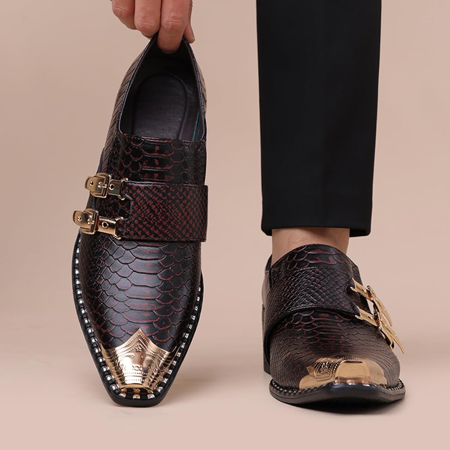Men's Chunky Heel Print Oxfords Fashion Classic Leather Monk Strap Slip-on Dress Loafers Tuxedo Business Casual Office Wedding Formal Shoes