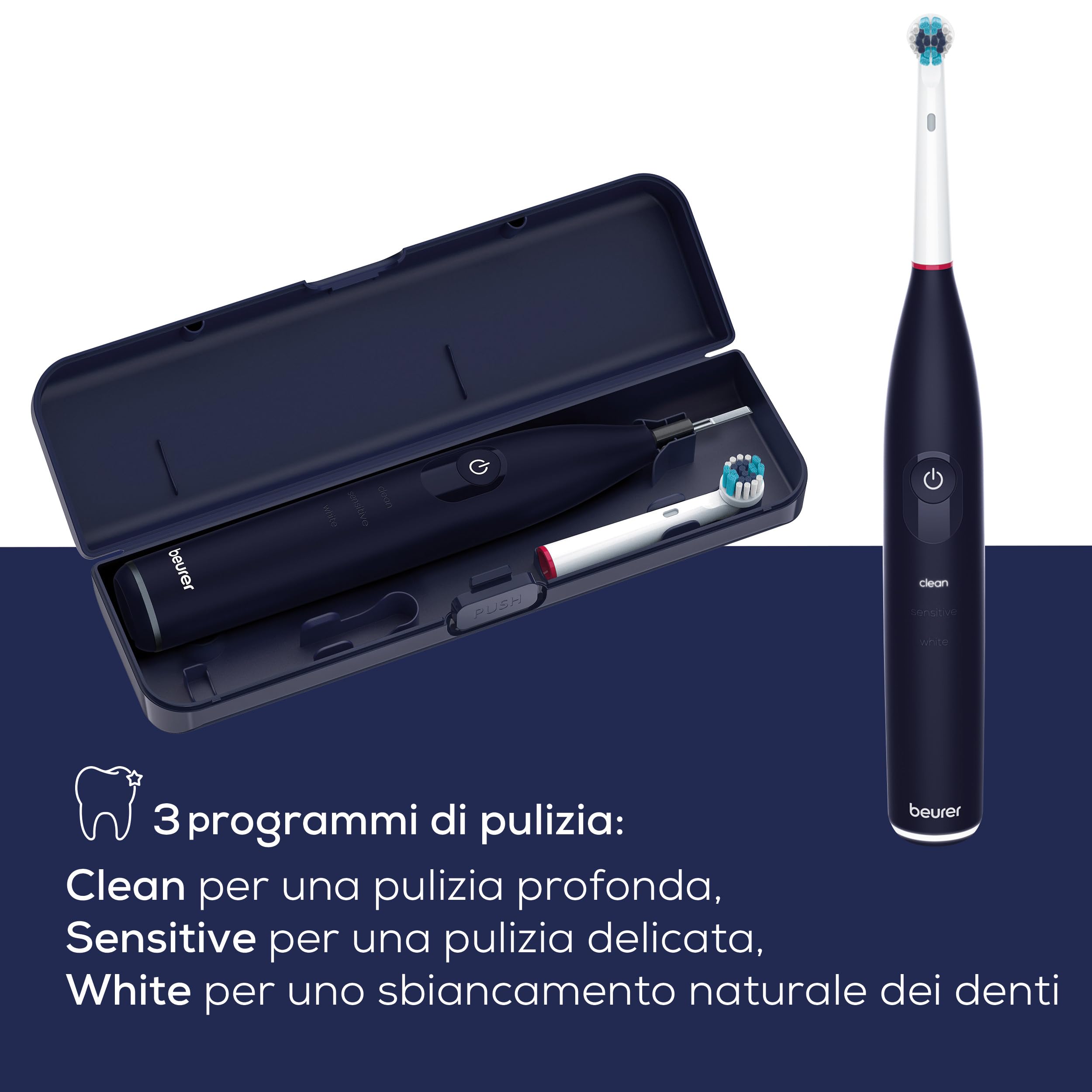 Beurer TB 50 Spazzolino Elettrico con Sensore di Pressione, 3 Programmi Clean, Sensitive e White e Timer Integrato da 2 Minuti per Una Pulizia Corretta Batteria Ricaricabile, Autonomia di 45 Giorni