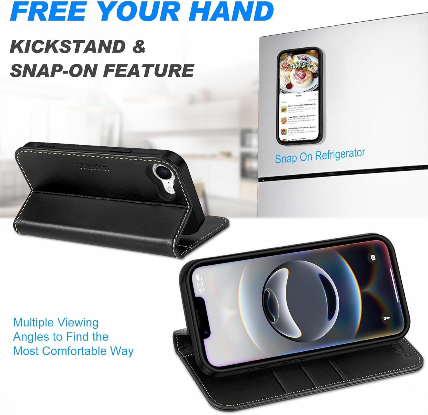 SHIELDON Case for iPhone 16e 2025 6.1", Genuine Leather Detachable Book Wallet Magnetic RFID Blocking Card Slot Kickstand Shockproof Wireless Charging Case Compatible with iPhone 16e - Retro Black - Image 6