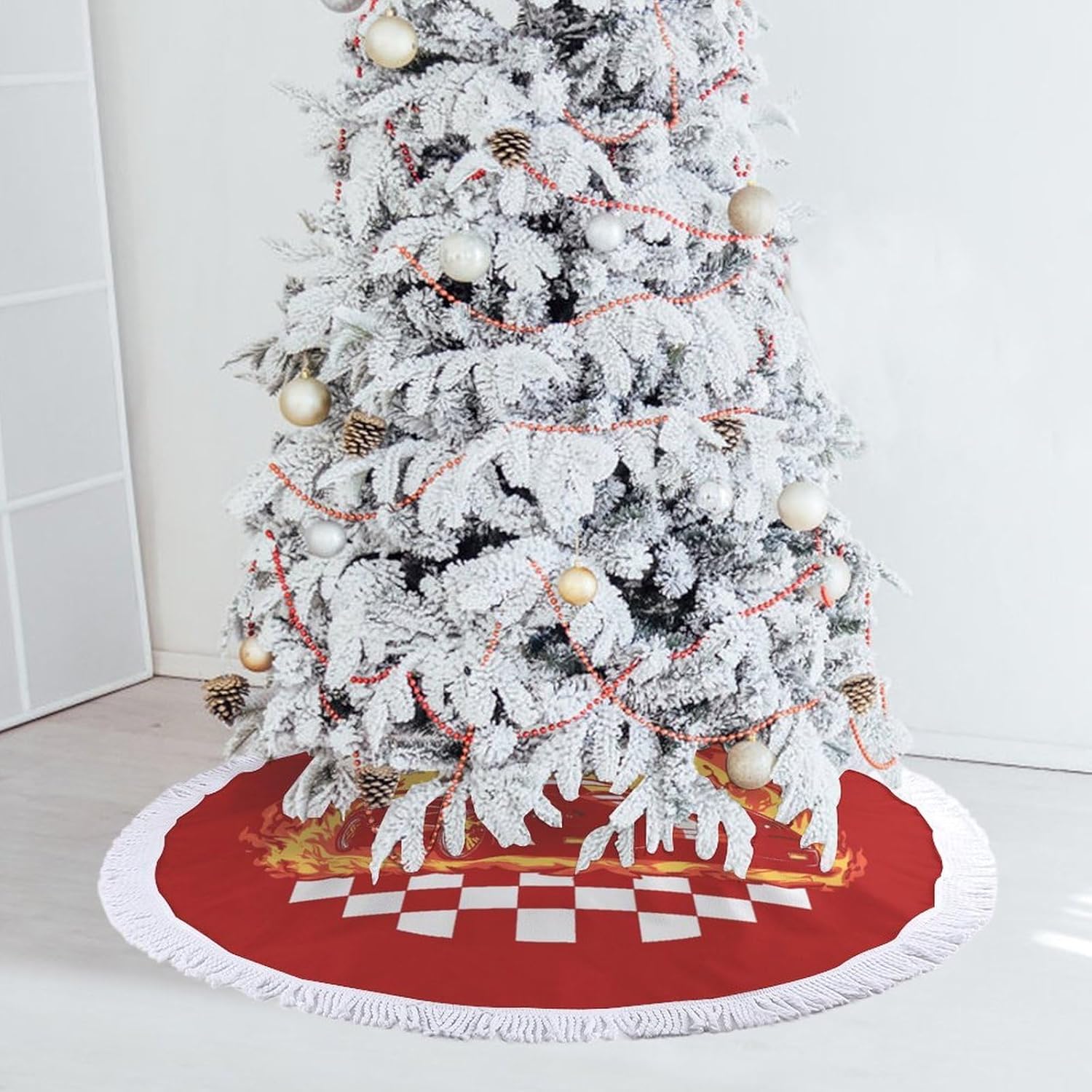 Us Muscle-Car Racing Christmas Tree Skirt Round Xmas Tree Mat Ornaments Tree Skirts with Tassels for Holiday Party