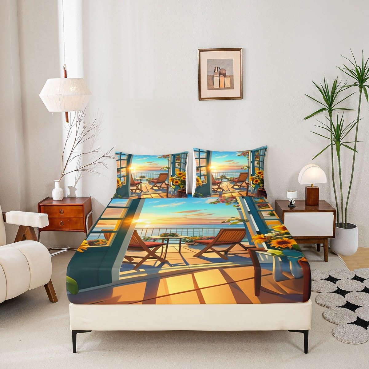 Erosebridal Cartoon Anime Bed Sheets Full Summer Hawaii Beach Fitted Sheet Ocean Coastal Nautical Bedding Set for Kids Boys Girls,Seaside Holiday Japanese Anime Bed Cover 3 Pcs