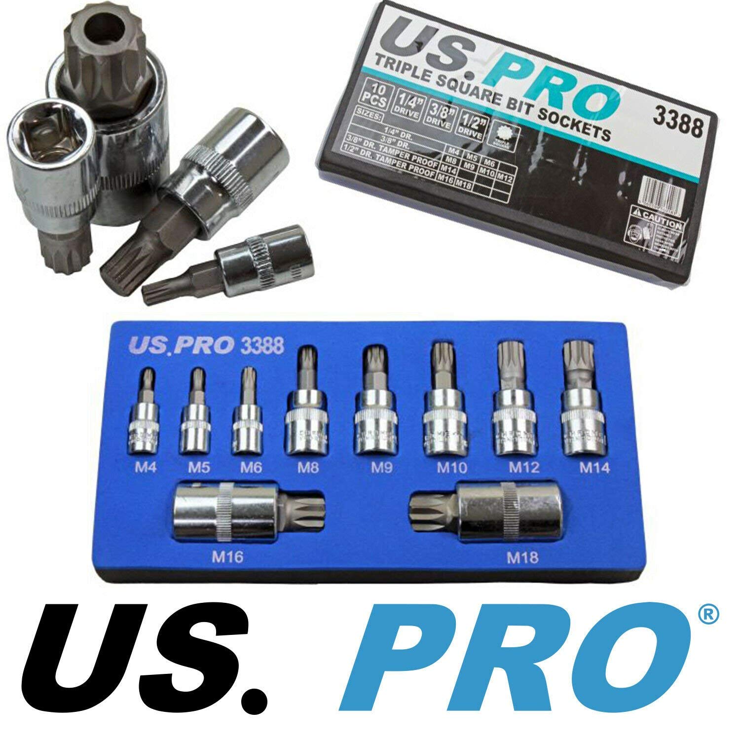 US PRO Tools 10pc 1/4-1/2""d Triple Square Spline Bit Sockets Socket Set NEW 3388