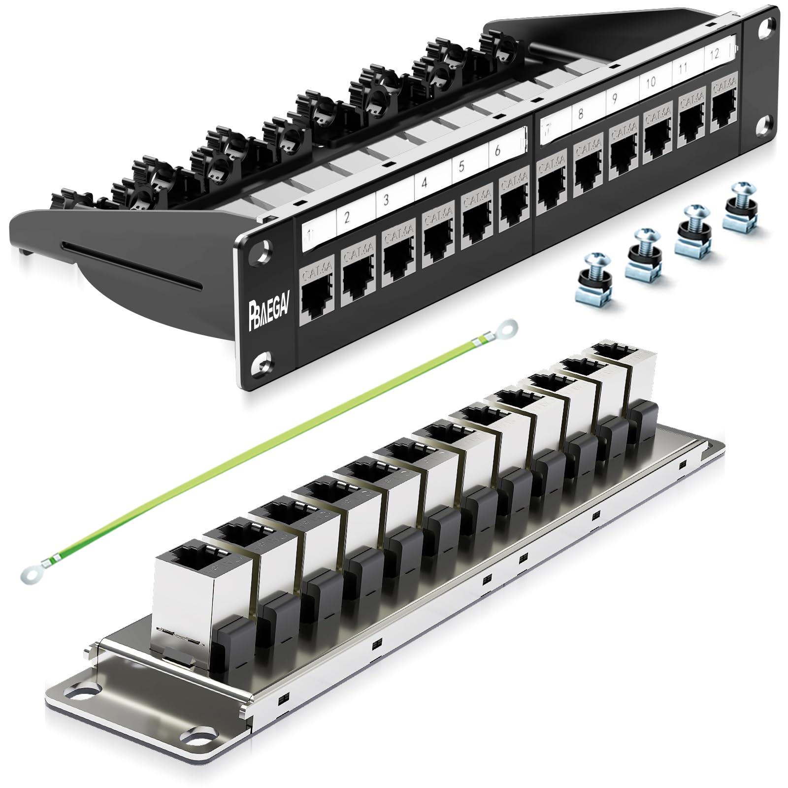 Panneau de brassage 12 ports avec 12 prises Cat6 Keystone 10G avec barre arrière amovible Panneau de brassage réseau 1U 25,4 cm pour Cat6, Cat5e, Cat5 (CAT6, 1U12Port)