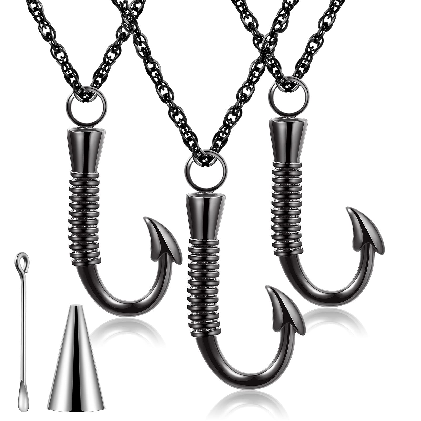 Kenning Set of 3 Fishing Hook Urn Necklace for Ashes Black Fish Hook Stainless Steel Cremation Jewelry Ash Keepsake Memorial Pendant for Men Father