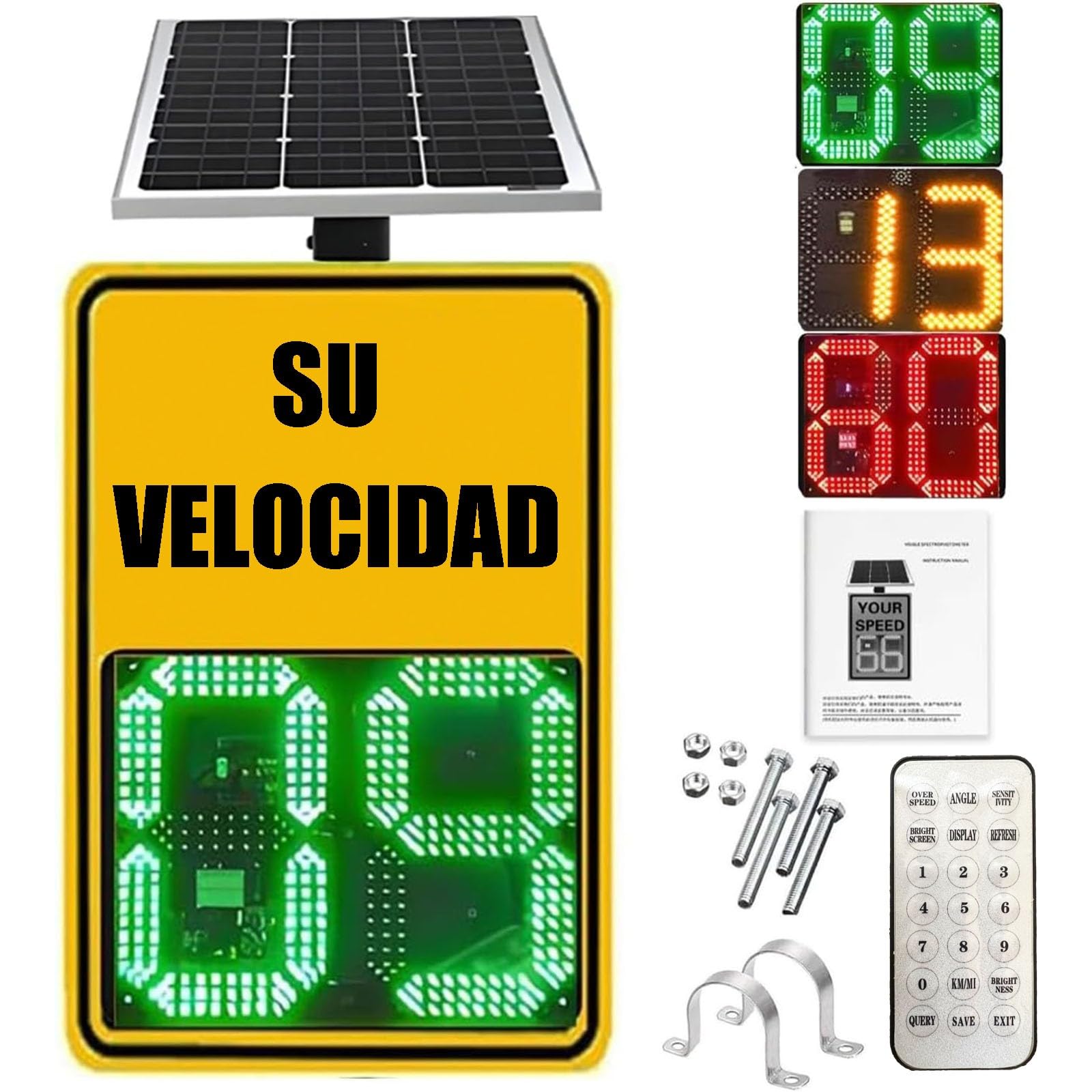 Señal de Límite de Velocidad con Radar, 50x70cm/60x90cm Cartel de límite de velocidad Seguridad Vial Detector de Límite de Velocidad con Accesorios, Solar, Kilometraje/Millas Ajustables