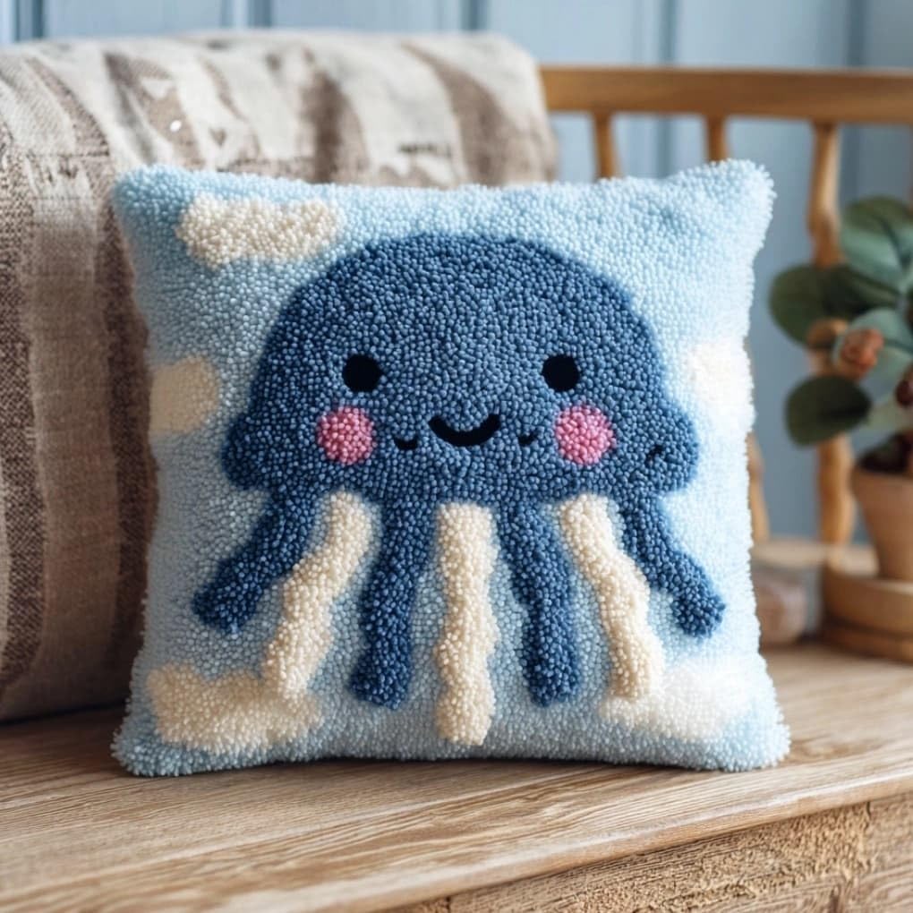 WallustrioaW Latch Hook Pillow Case Kits,Jellyfish 17X17 Inch Latch Hook Cushion Cover Kit,Knitting Kits Cushion for Adults Rug Making Kit for Starters